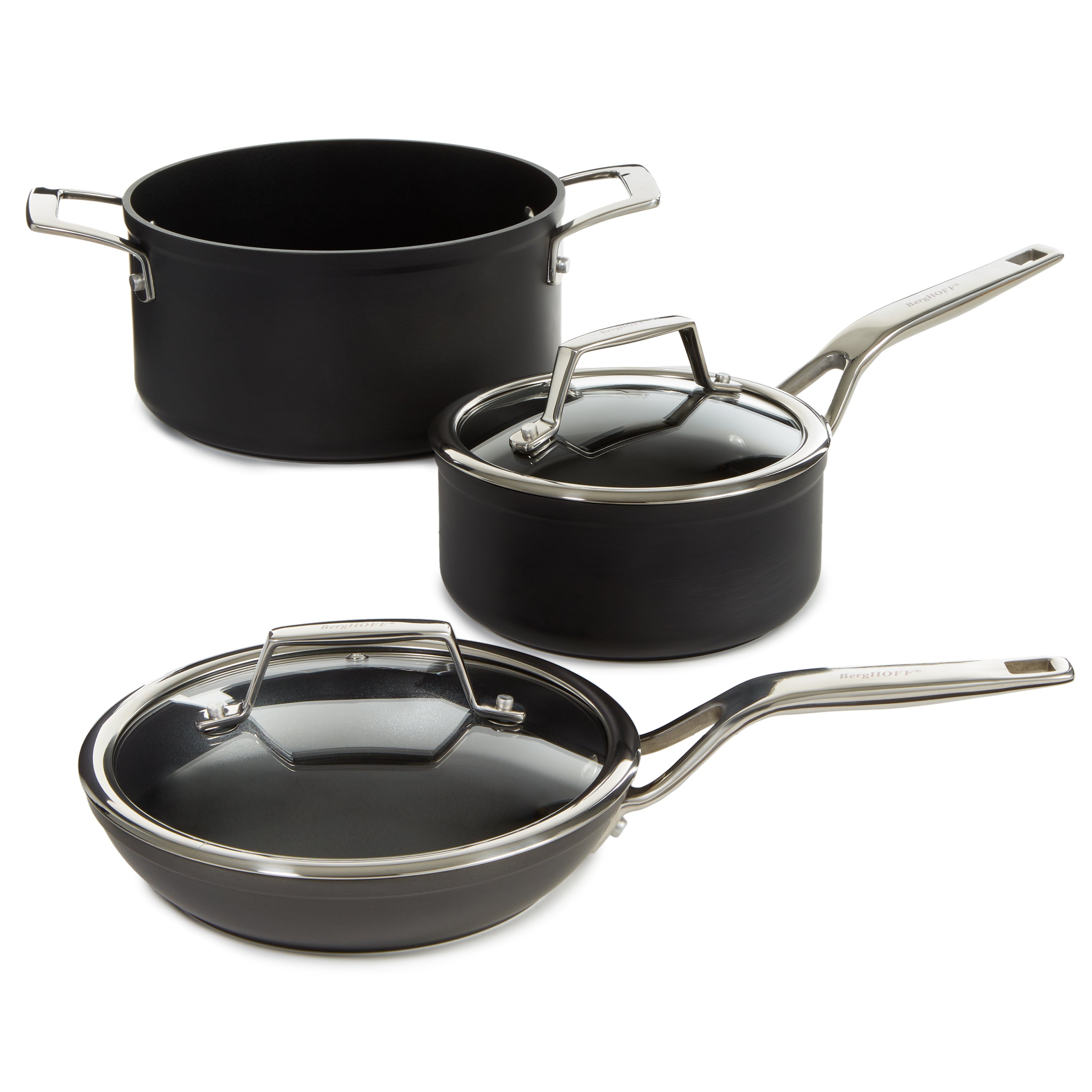 BergHOFF Essentials 5-Piece Nonstick Hard Anodized Cookware Set for 2 People with Glass Lid, Black - Perfect for Small Kitchens, Couples & Compact Cooking Spaces