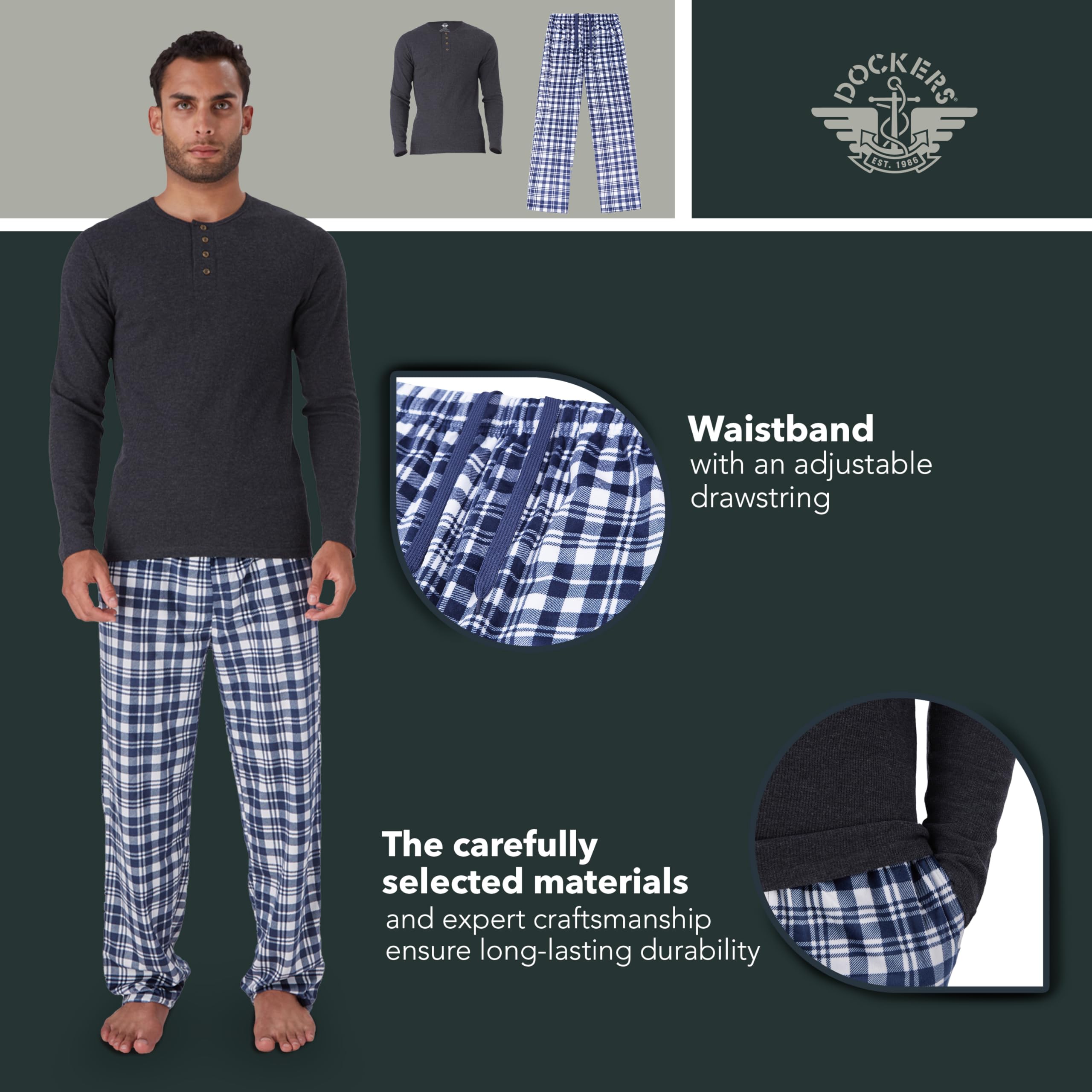 Dockers Men's Plaid Pajama Set - Waffle Henley Long Sleeve Shirt & Comfortable PJ Pants for Lounge, Sleep & Relaxation at Home