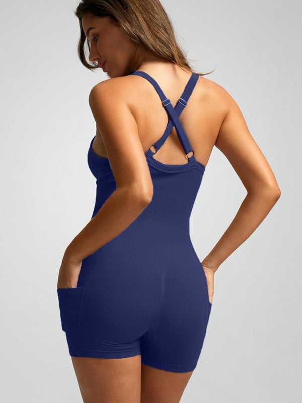 ZASUWA Women's Ribbed Pocket Cross Back Scrunch Bum Seamless Romper Jumpsuit - Perfect for Yoga, Gym, Workout & Lounge Wear
