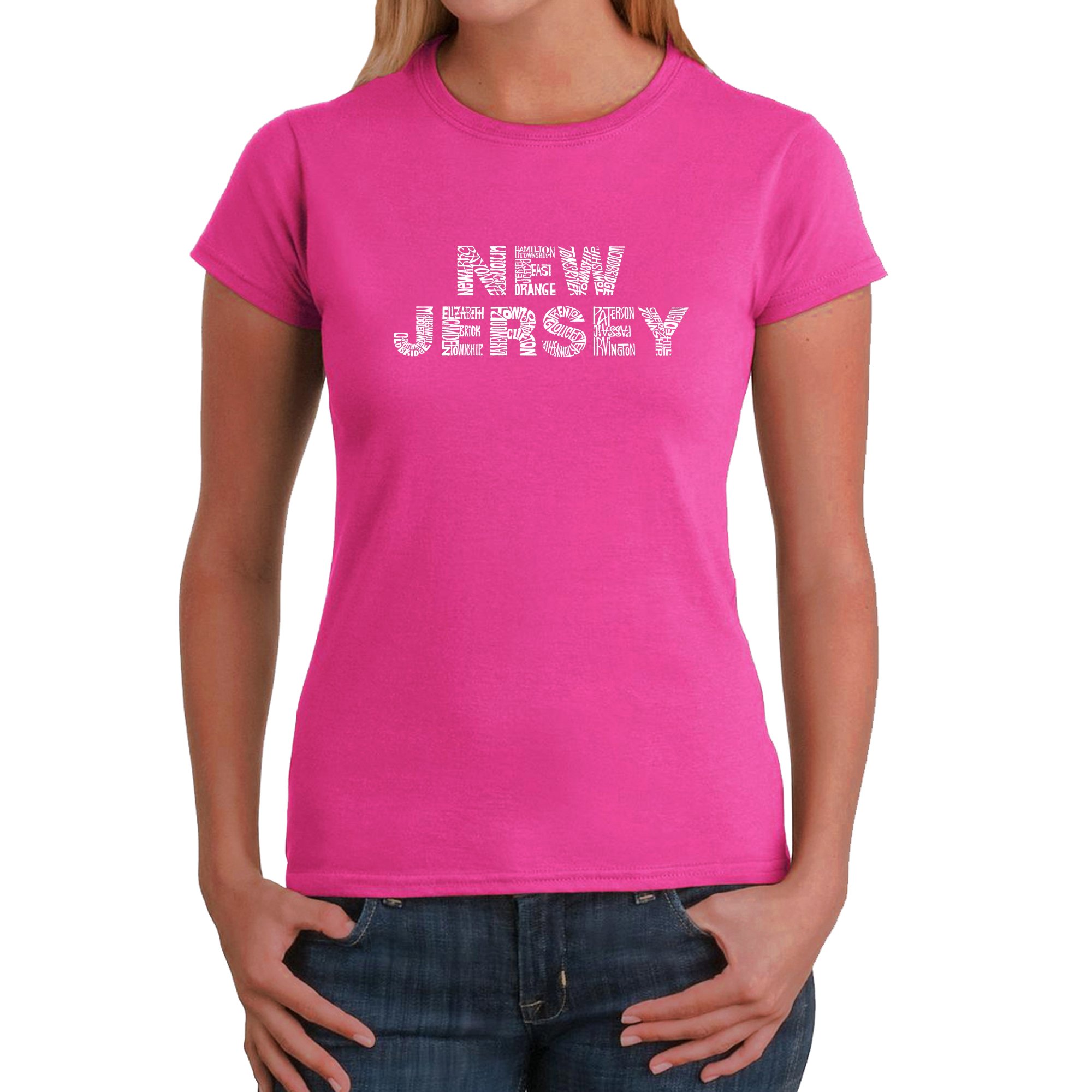 LA POP ART Women's Word Art T-Shirt - New Jersey Neighborhoods Design | Graphic Tee for Casual Wear, Street Style & Jersey Pride