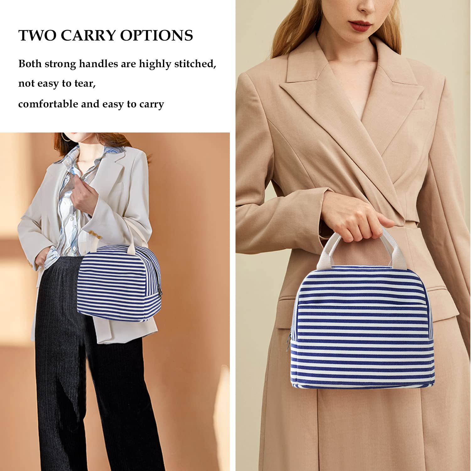 EurCross Insulated Lunch Bag for Women & Men - Blue & White Stripes Cooler Tote, Thermal Bento Box Bag for Work, Picnic, Beach & Outdoor Activities | Portable Canvas Lunch Tote with Temperature Control