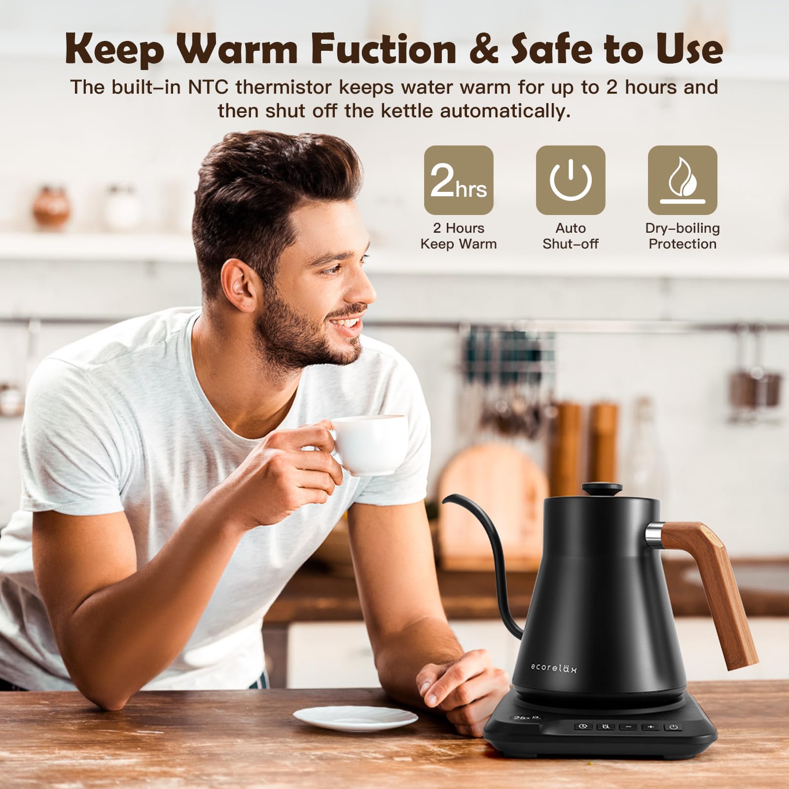 ECORELAX Gooseneck Electric Kettle with Precise ±1℉ Temperature Control - 1200W Fast Heating Stainless Steel Pour Over Kettle for Coffee, Tea & Hot Water - 1L Capacity with Keep Warm Function & OLED Display (Black) - Perfect for Home, Office & Specialty Brewing