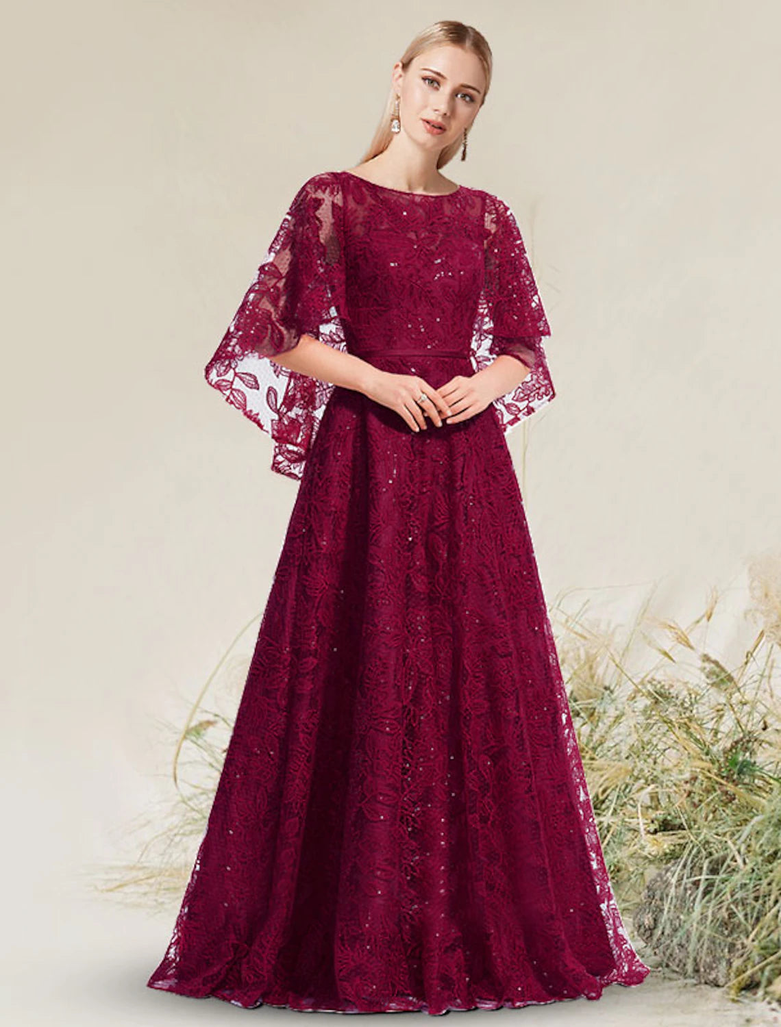 Elegant A-Line Floral Lace Applique Formal Evening Dress for Wedding Guest, Birthday Party, Prom - Jewel Neck, Short Sleeve, Floor Length Gown for Special Occasions