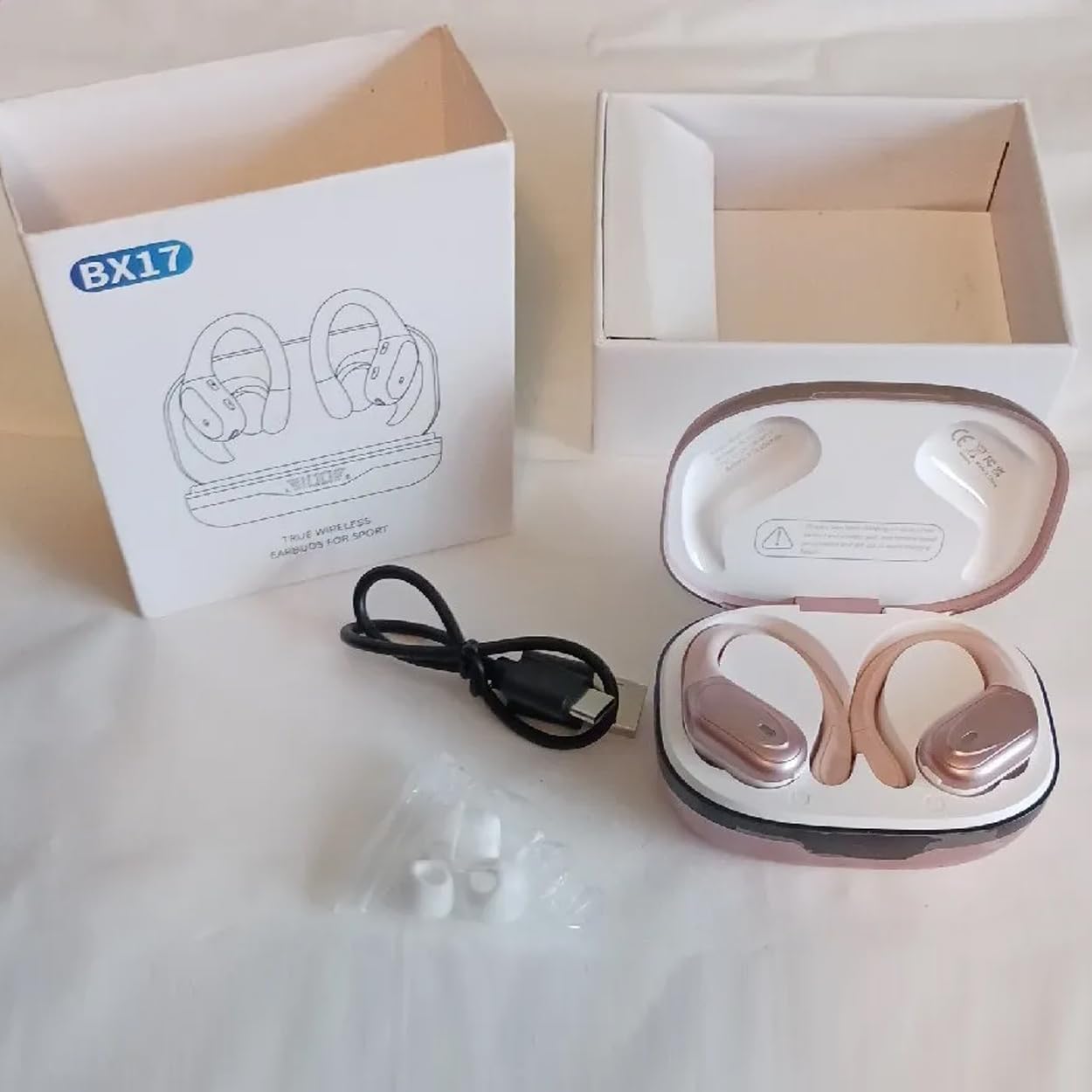 BX17 Wireless Bluetooth 5.3 Earbuds with 48H Playtime, HiFi Stereo Bass, Earhook Design, IPX5 Waterproof, Built-in Mic & LED Display - Perfect for Running, Gym, Travel & Workouts (Rose Gold)