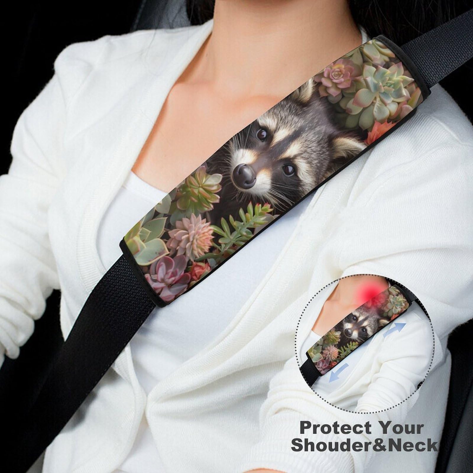 Adorable Raccoon & Succulents Car Seat Belt Cushions - Soft Shoulder Strap Pads (2-Pack) | Comfortable Car Accessories for Long Drives & Road Trips