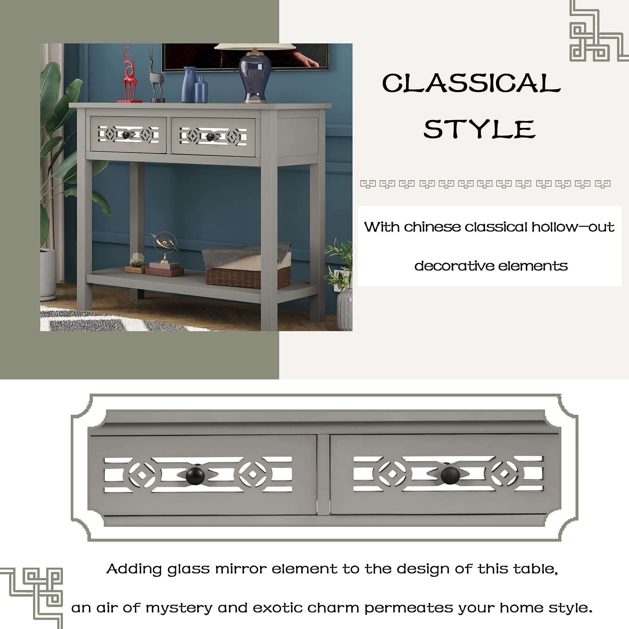 RUNNA Classic Console Table with Hollow-Out Design, Sofa Side Table with 2 Drawers & Open Shelf, Entryway Table for Living Room Bedroom Hallway - Silver & Wood Finish | Perfect for Small Spaces, Home Decor & Storage Solutions