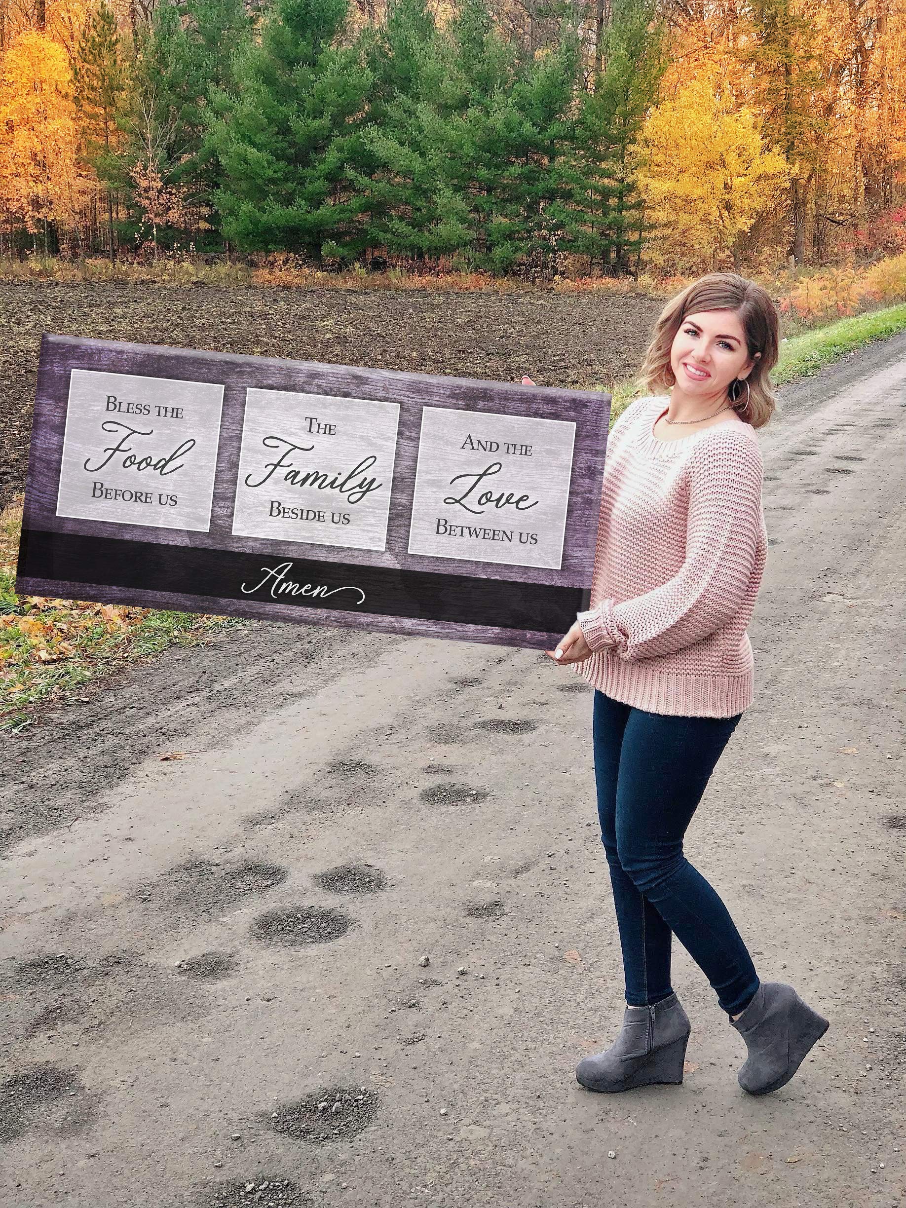 Bless the Food V2 Purple Framed Kitchen Wall Art Sign - 42x19 Inches Inspirational Dining Room Decor for Farmhouse & Rustic Home Decor | Perfect for Kitchen, Dining Area, or Gift Giving
