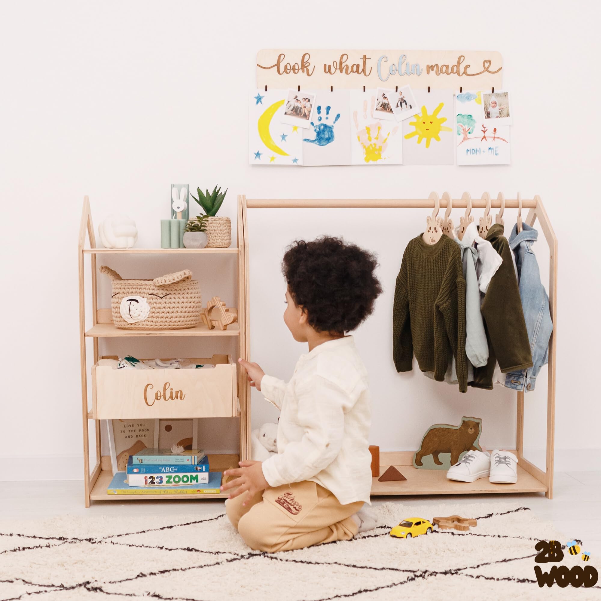 Personalized Kids Clothes Rack - Adjustable Toddler Wardrobe Organizer for Boys & Girls | Montessori Closet Shelf for Baby Clothes Storage | Perfect for Bedroom, Nursery & Playroom Organization