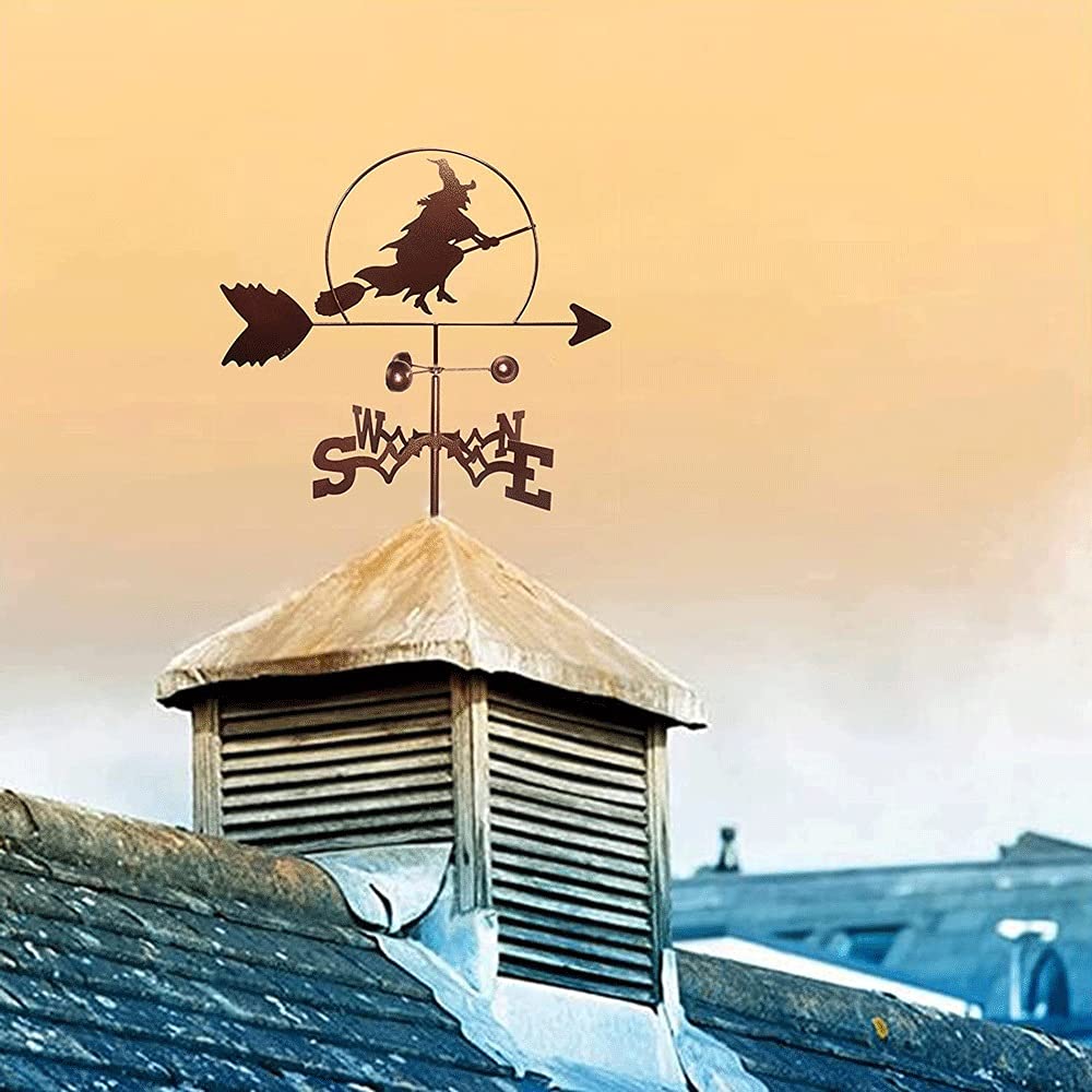 Cast Iron Witch on Broomstick Weathervane - Rustic Roof Mount Wind Direction Indicator for Garden, Yard & Home Decor | Perfect for Halloween, Witch-Themed Parties & Gothic Outdoor Decorations