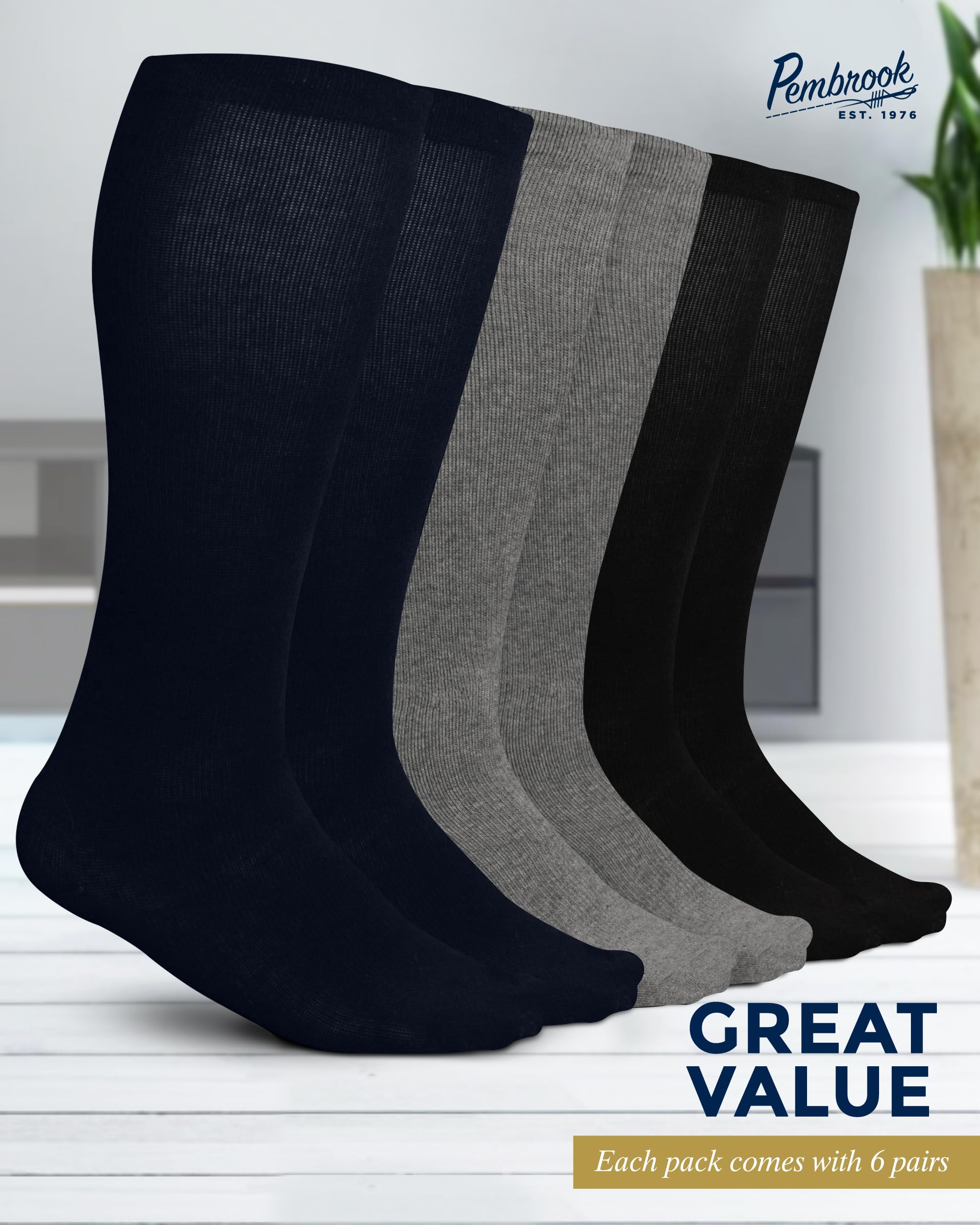 Pembrook Men's Light Compression Socks 6-Pack (8-15 mmHg Graduated Support) - Best for Running, Travel & Circulation - Size 9-12 for Daily Comfort & Performance