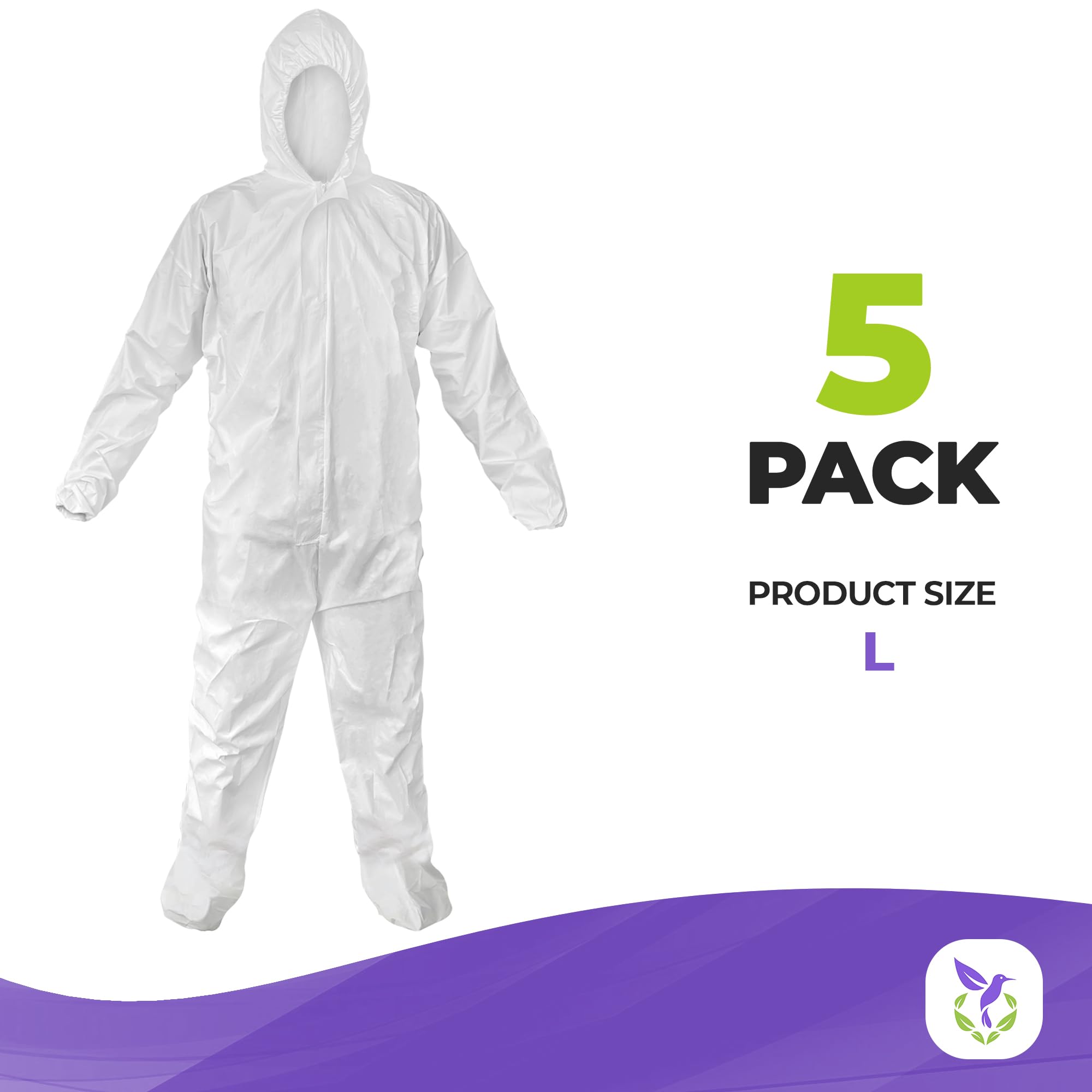 AMZ Medical Supply White Disposable Coveralls with Hood & Boots - Large Size, Pack of 5 - Breathable Microporous Lab Coveralls for Men & Women - 60 GSM Painters Protective Suit with Elastic Wrist, Lower Back & Zipper - Ideal for Medical, Construction, Painting & Hazardous Work Environments