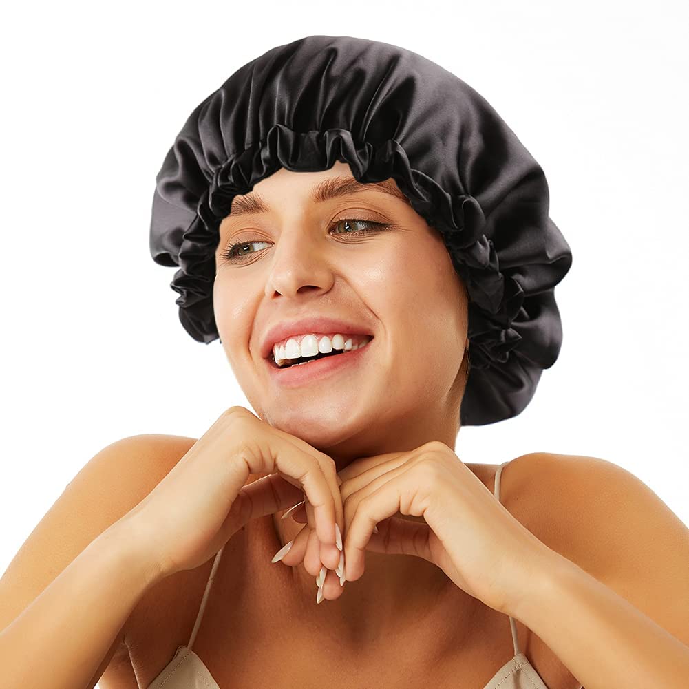 Luxury Reversible Satin Hair Bonnet for Sleeping - Handmade Pure Satin Sleep Cap for Women (Black) | Perfect for Nighttime Hair Protection & Styling