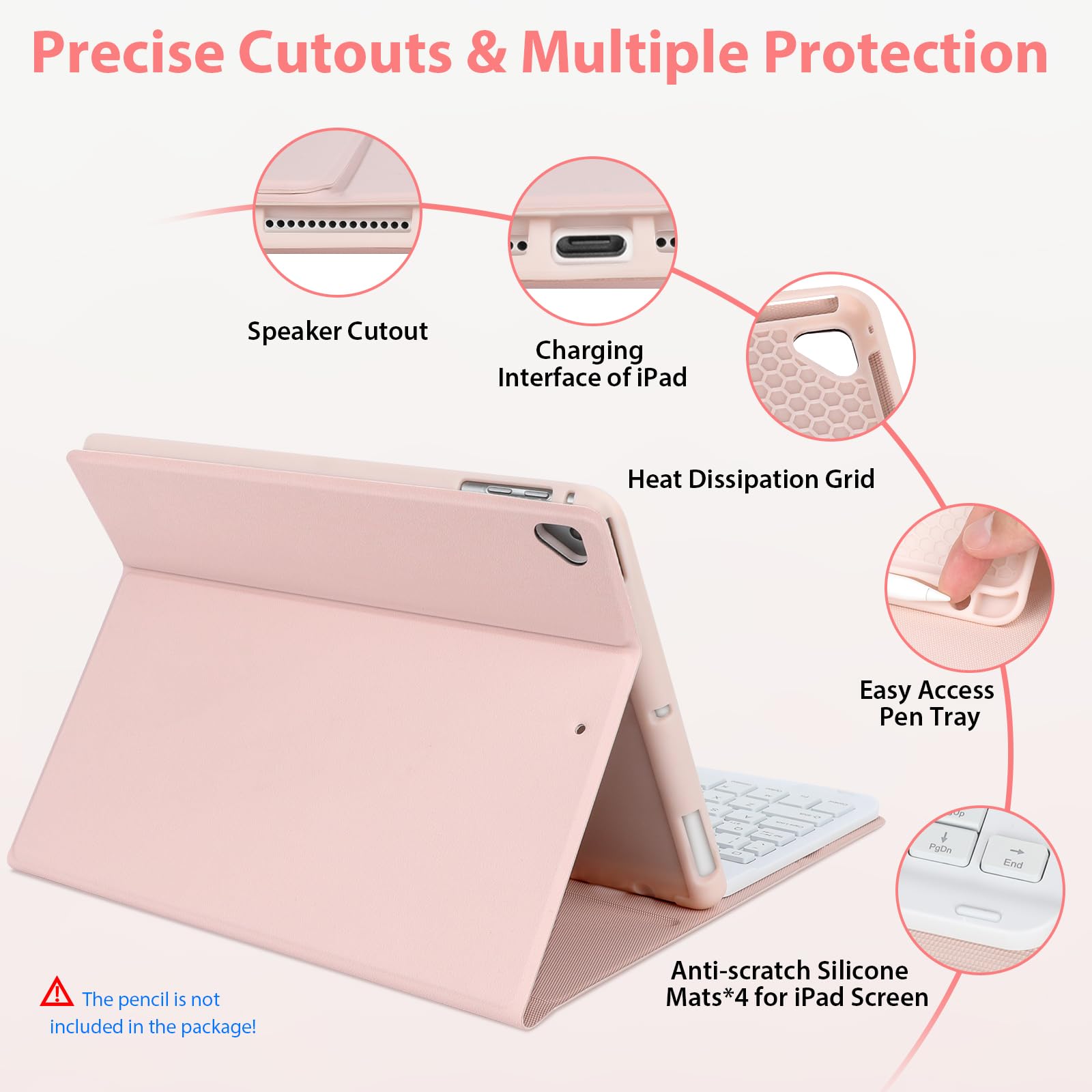 Eocean Bluetooth Keyboard Case for iPad 9.7 Inch (6th/5th Gen 2018/2017, iPad Air 2, iPad Pro 9.7 2016) - Detachable Backlit Keyboard with 7 Colors, 2 Bluetooth Channels, Stain-Resistant Protective Cover in Pink - Perfect for Work, Study & Travel