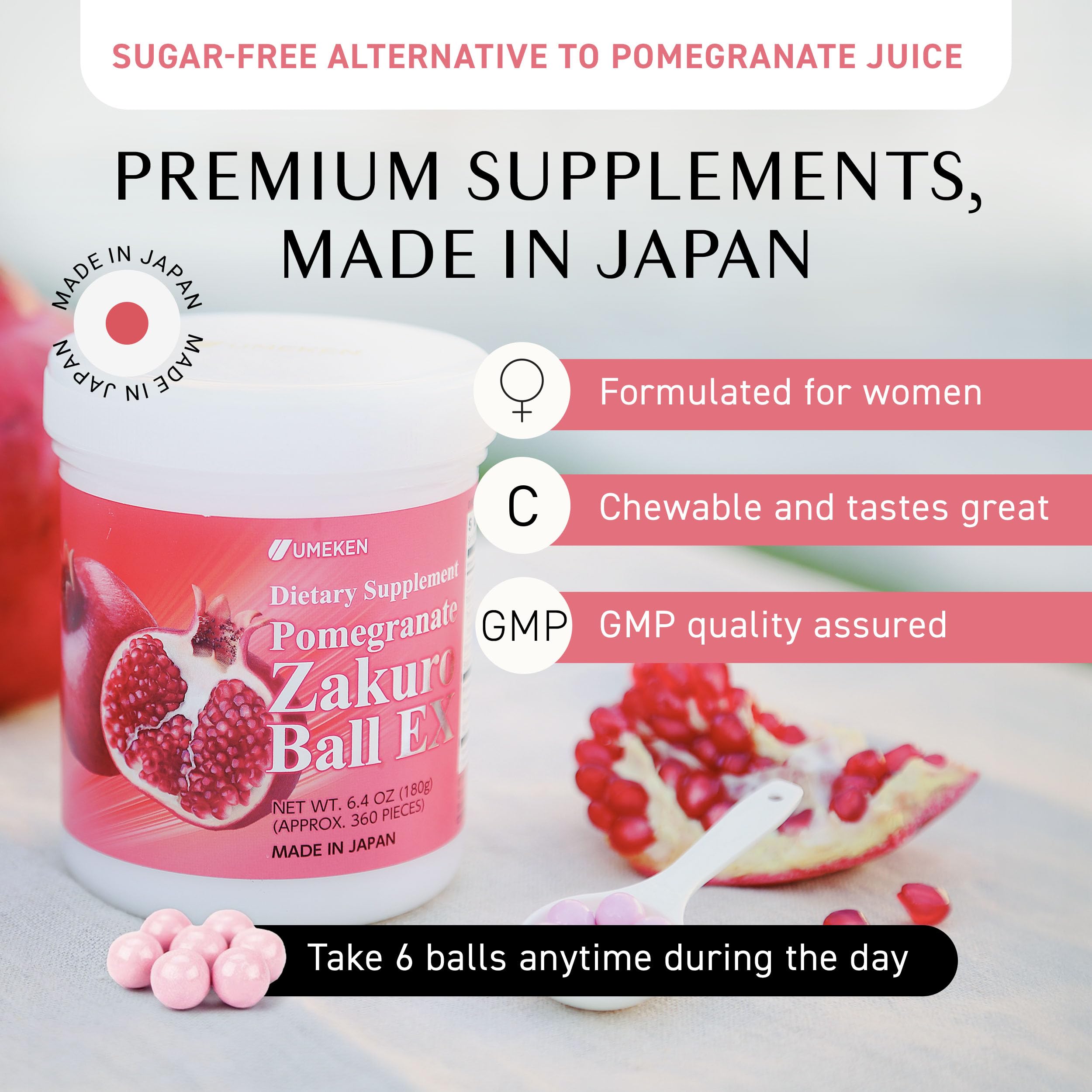 Umeken Pomegranate Balls - Natural Chewable Supplement with Vitamins, Minerals & Antioxidants | Japanese Pomegranate Extract for Women's Health | 360 Count (2 Month Supply) | Great for Daily Wellness & Energy Support