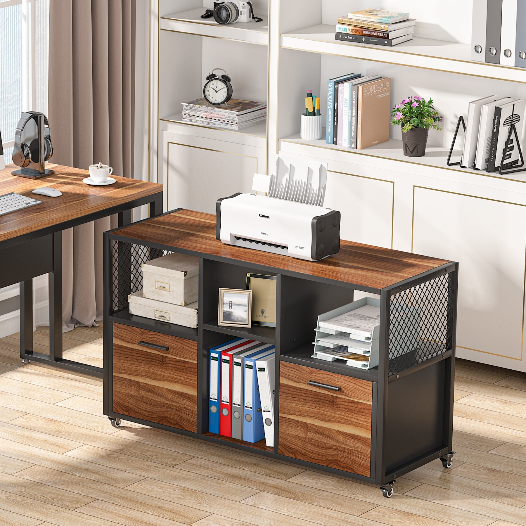 2 Drawer Wooden Mobile Lateral File Cabinet - Office Storage Solution for Documents & Files - Perfect for Home, Office & Workspace Organization