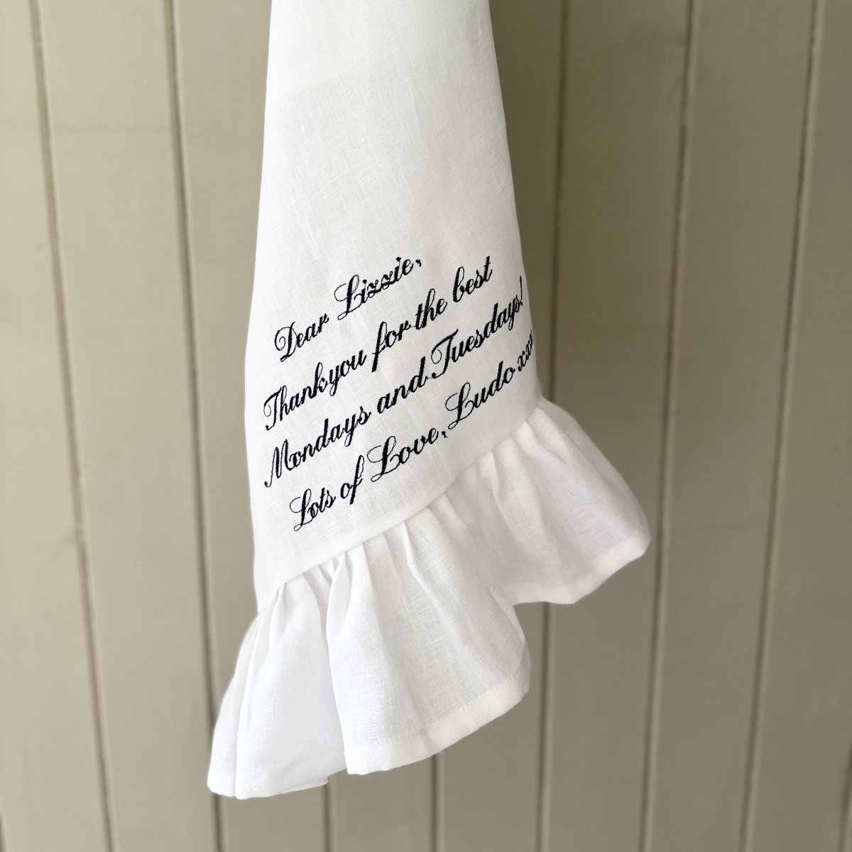Custom Embroidered Ruffle Linen Kitchen Towel - Absorbent & Decorative Dish Towel for Farmhouse, Rustic & Vintage Style Kitchens