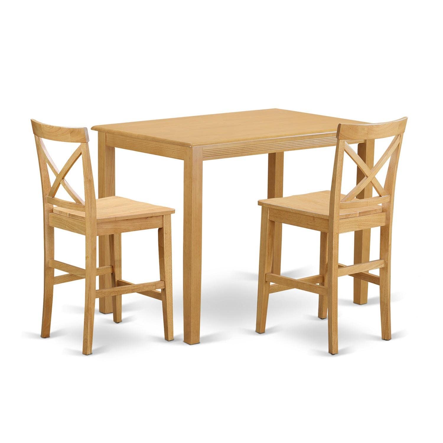 East West Furniture 3-Piece Kitchen Counter Height Dining Set - 30x48 Inch Oak Table with 2 Wooden Chairs | Modern Breakfast Nook & Small Space Dining Solution