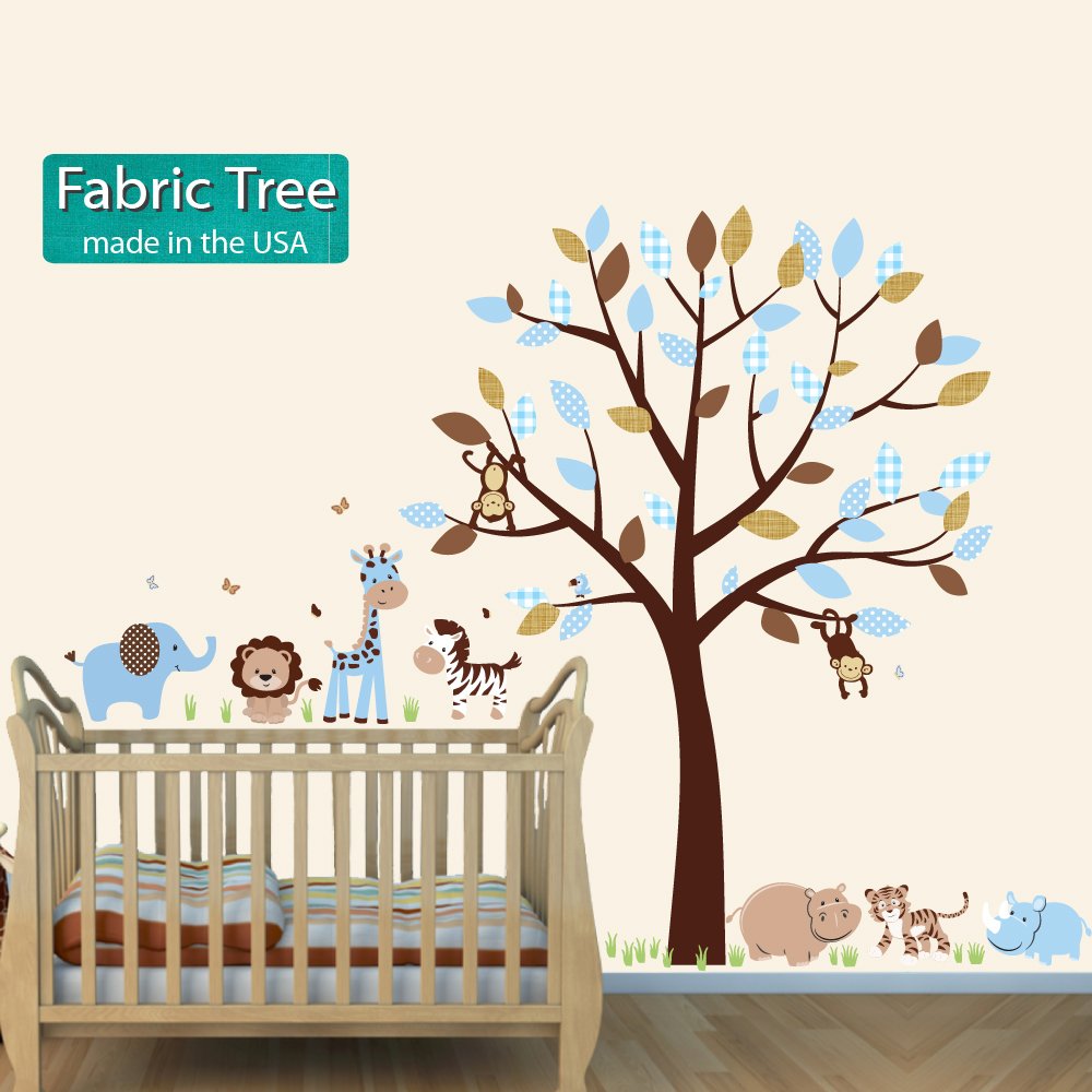 Jungle Animal Wall Decals for Kids - Hippo, Giraffe & Tree Stickers in Blue & Brown - Nursery, Playroom & Classroom Decor