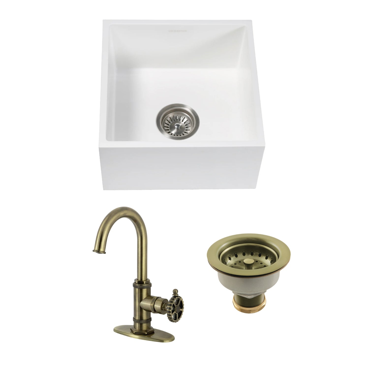 Arcticstone 15-Inch White Farmhouse Bar Sink - Undermount Single Bowl Kitchen Sink with Deck Mount Bar Faucet & Basket Strainer in Antique Brass - Perfect for Kitchen Islands, Wet Bars, and Coffee Stations