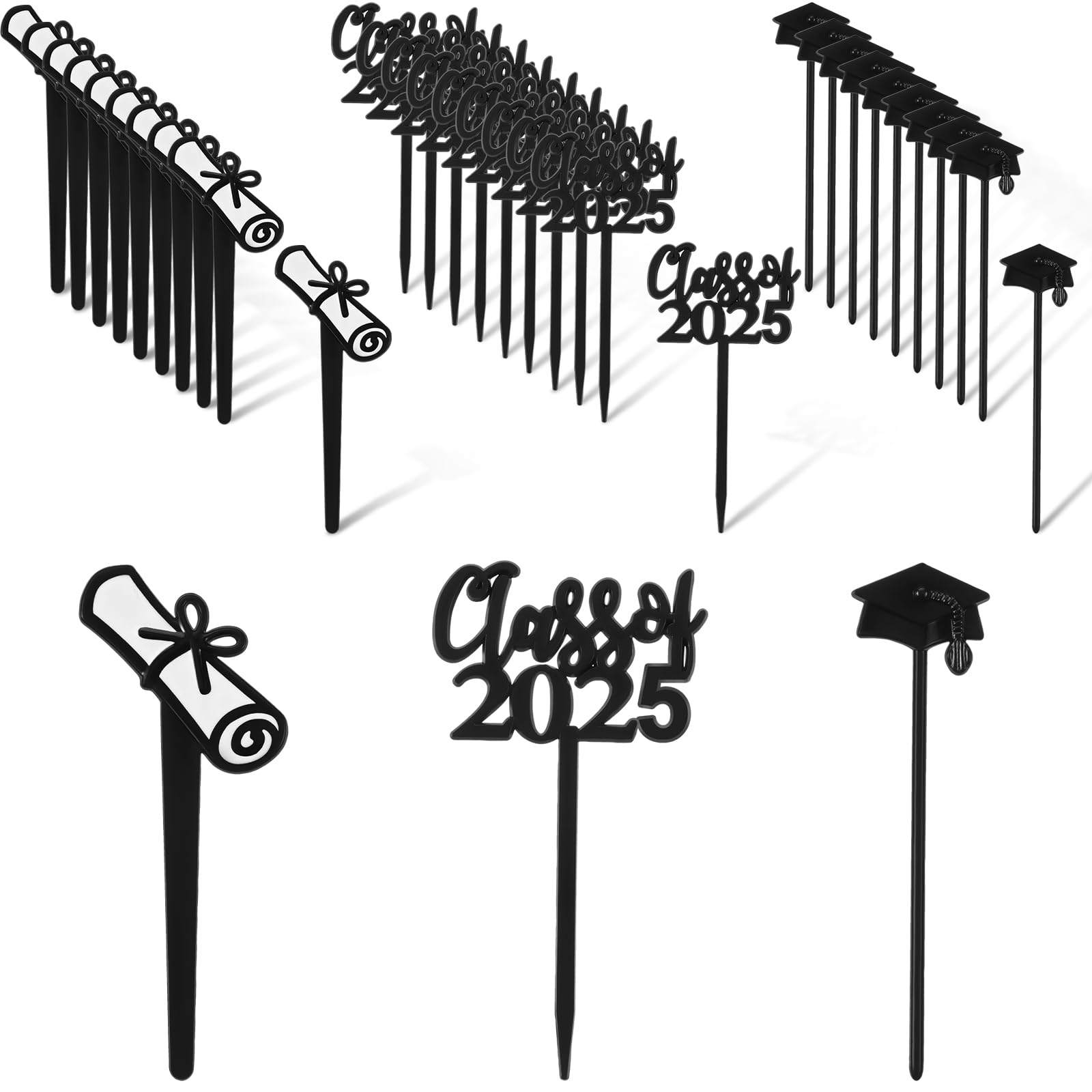 Boao 90-Piece Class of 2025 Graduation Cake Toppers & Cupcake Picks - 3 Stylish Black Plastic Decorations for Graduation Party Supplies, Favors & Celebration - Perfect for Graduation Cakes, Cupcakes, Dessert Tables & Commencement Party Decor