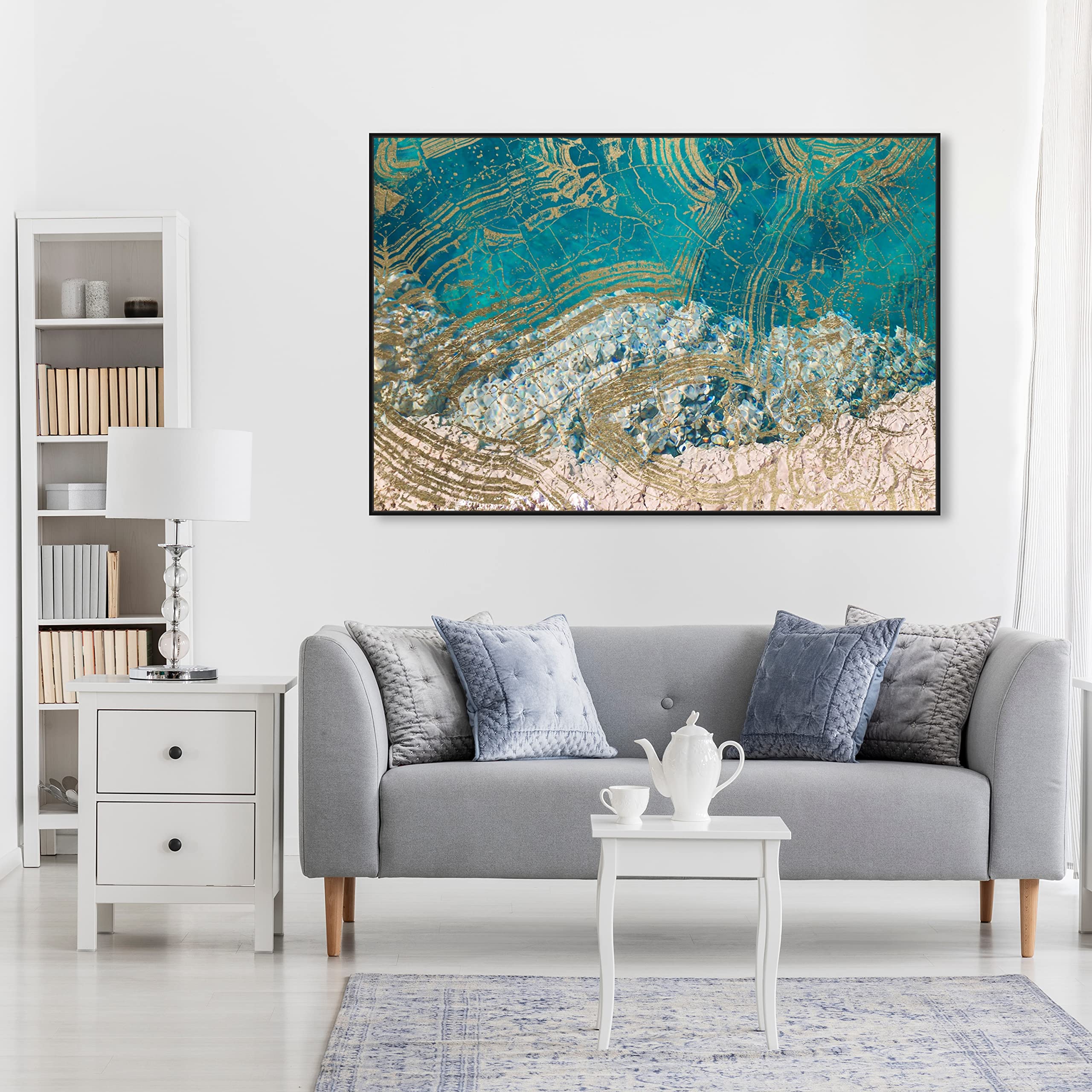 Abstract Wall Art Canvas Prints 'Salt Water' Textures - 54x36 Inches, Blue & Gold - Modern Coastal Decor for Living Room, Bedroom & Office