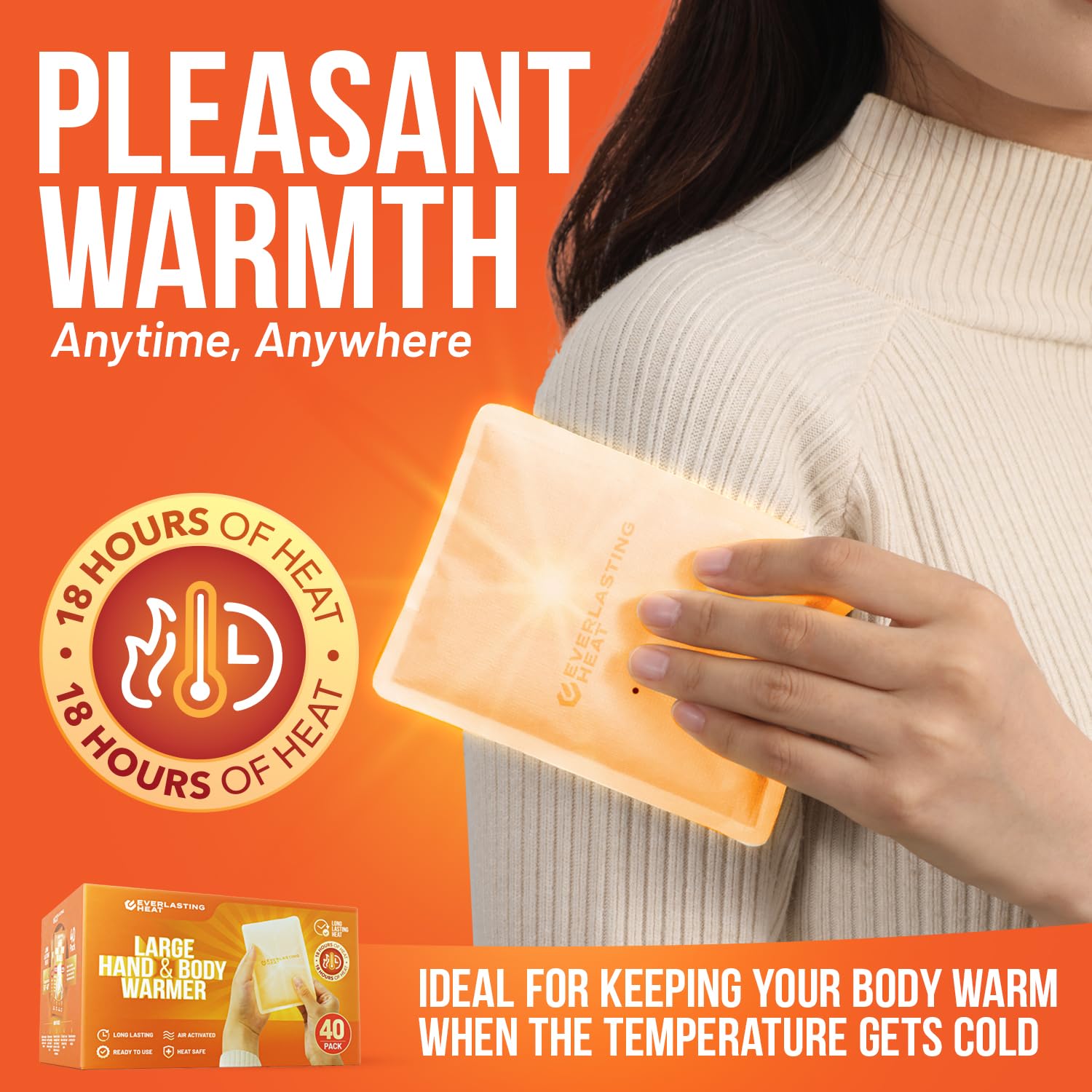 XL Hand Warmers & Body Warmers 40 Pairs - 18 Hours Long-Lasting Heat for Cold Weather - Air-Activated Warmers for Hands, Feet & Body - TSA Approved for Travel & Outdoor Activities