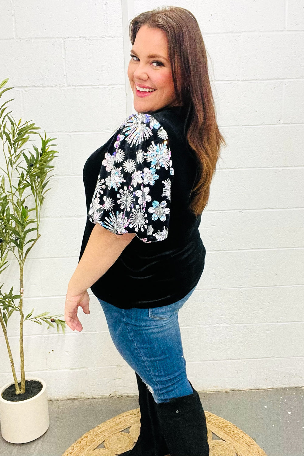 Glamorous Black Floral Sequin Puff Sleeve Velvet Top for Women | Elegant Party Blouse | Perfect for Evening Events, Date Nights & Special Occasions