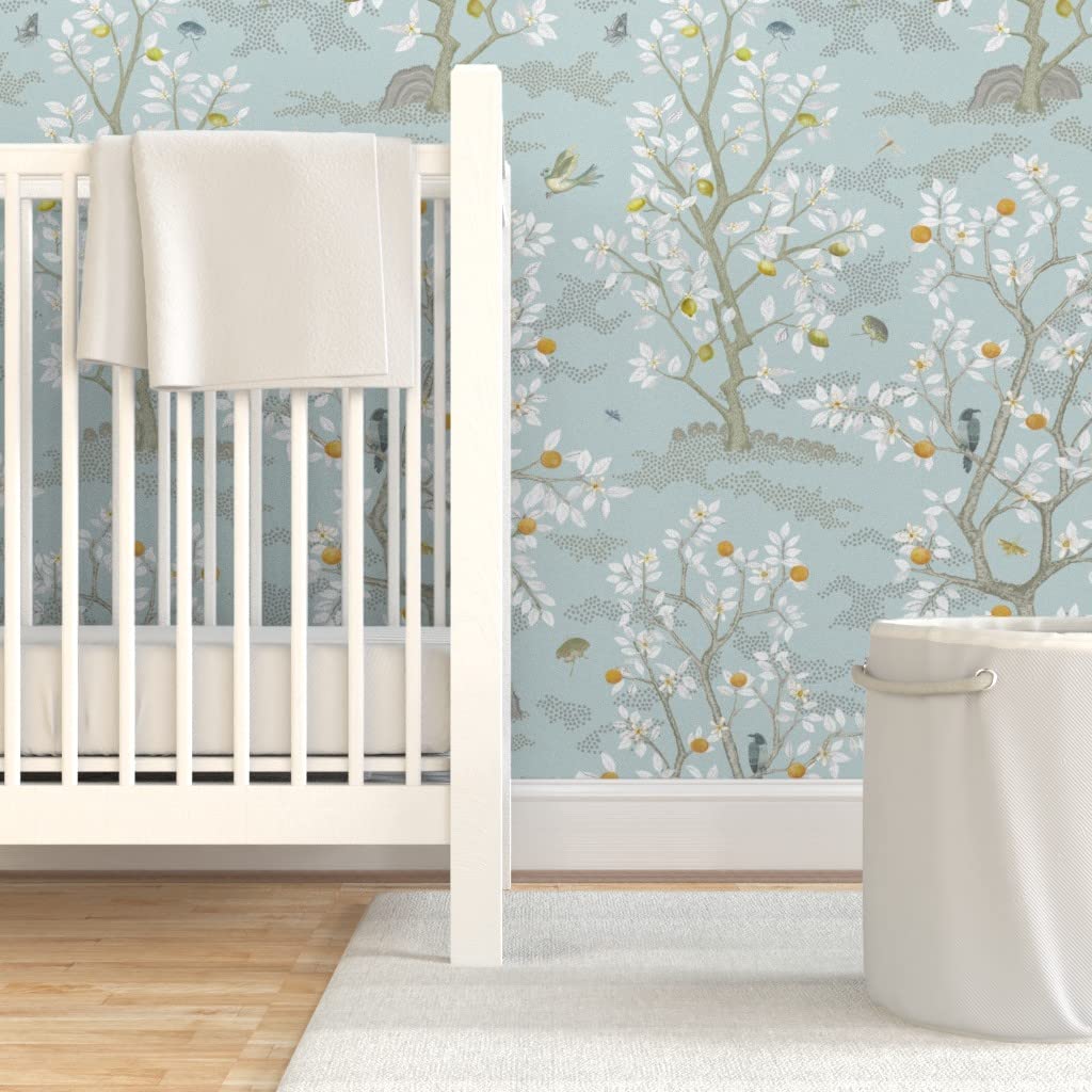 Peel & Stick Removable Wallpaper Swatch - Grey Birds, Trees, Aqua Citrus, Taupe, Chinoiserie Patterns | Self-Adhesive Custom Wallpaper for Bedroom, Nursery, Office & Home Decor | Spoonflower