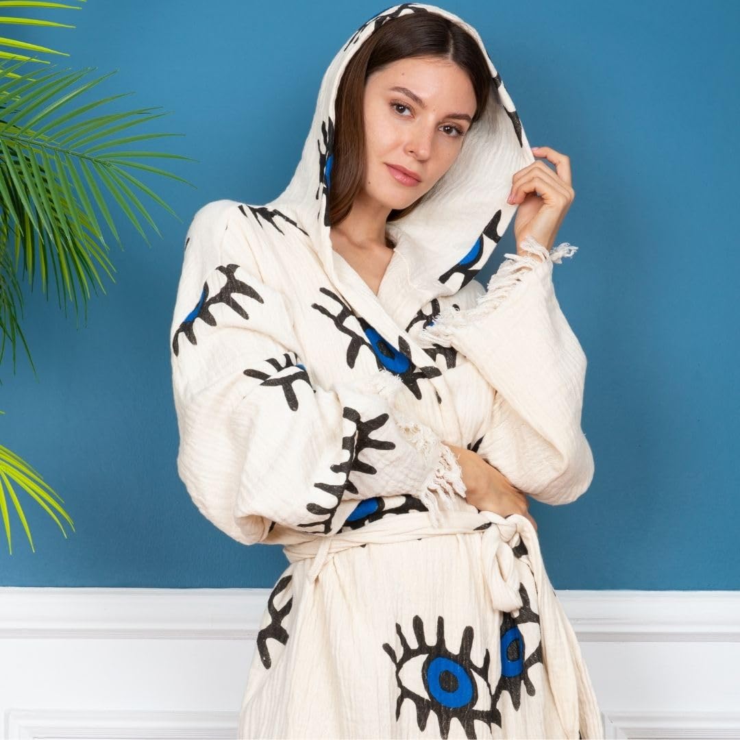 Premium Evil Eye Muslin Bathrobe & Turkish Towel Set of 2 - 100% Turkish Cotton, Lightweight & Luxurious - Perfect for Beach, Spa, Wellness & Home Relaxation - XXL Size
