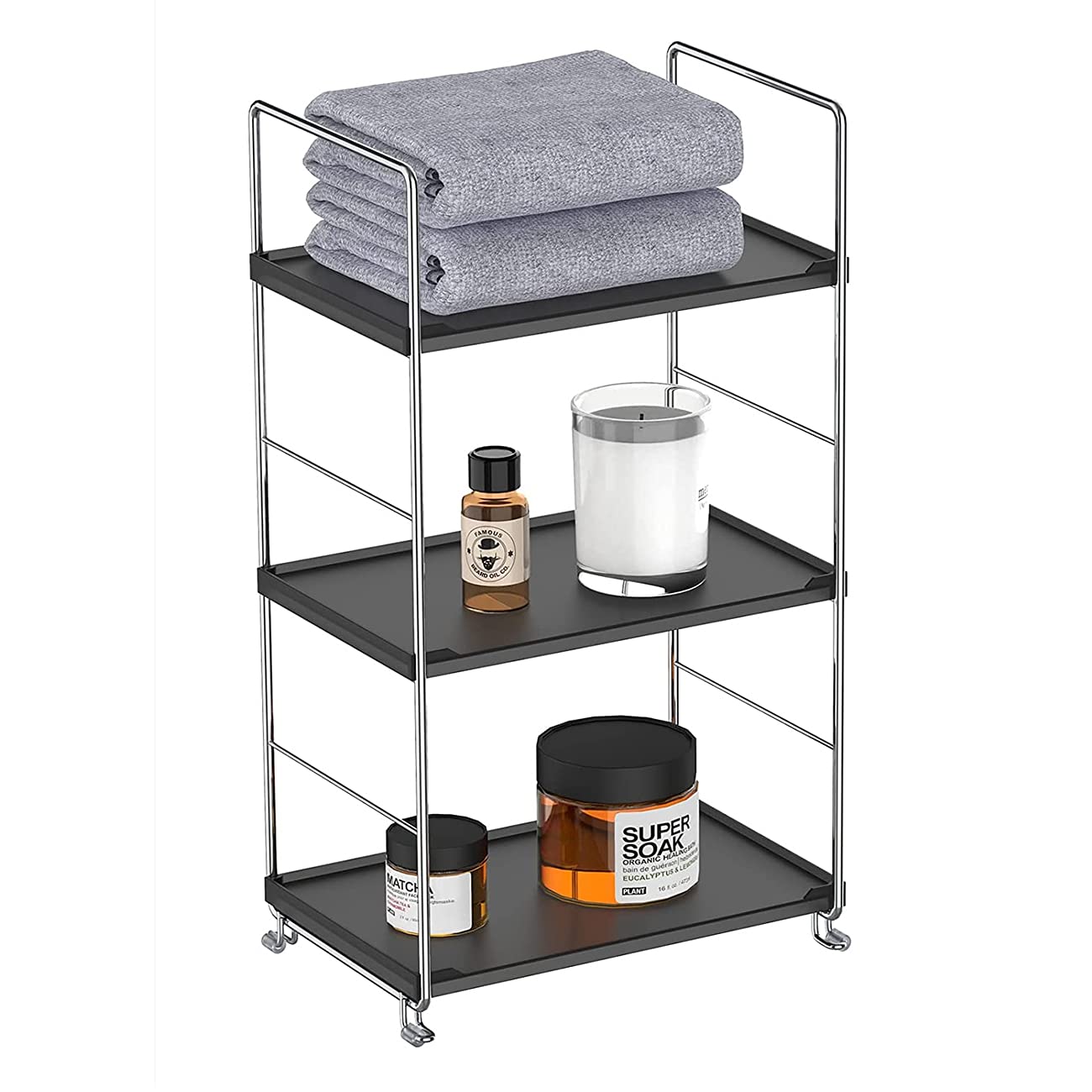 3-Tier Bathroom Countertop Organizer - Makeup Storage Shelf with Corner Design - Kitchen Spice Rack Standing Shelf - Perfect for Vanity, Bathroom, Bedroom & Kitchen Organization (Silver & Black) - Ideal for Small Space Storage & Cosmetic Display