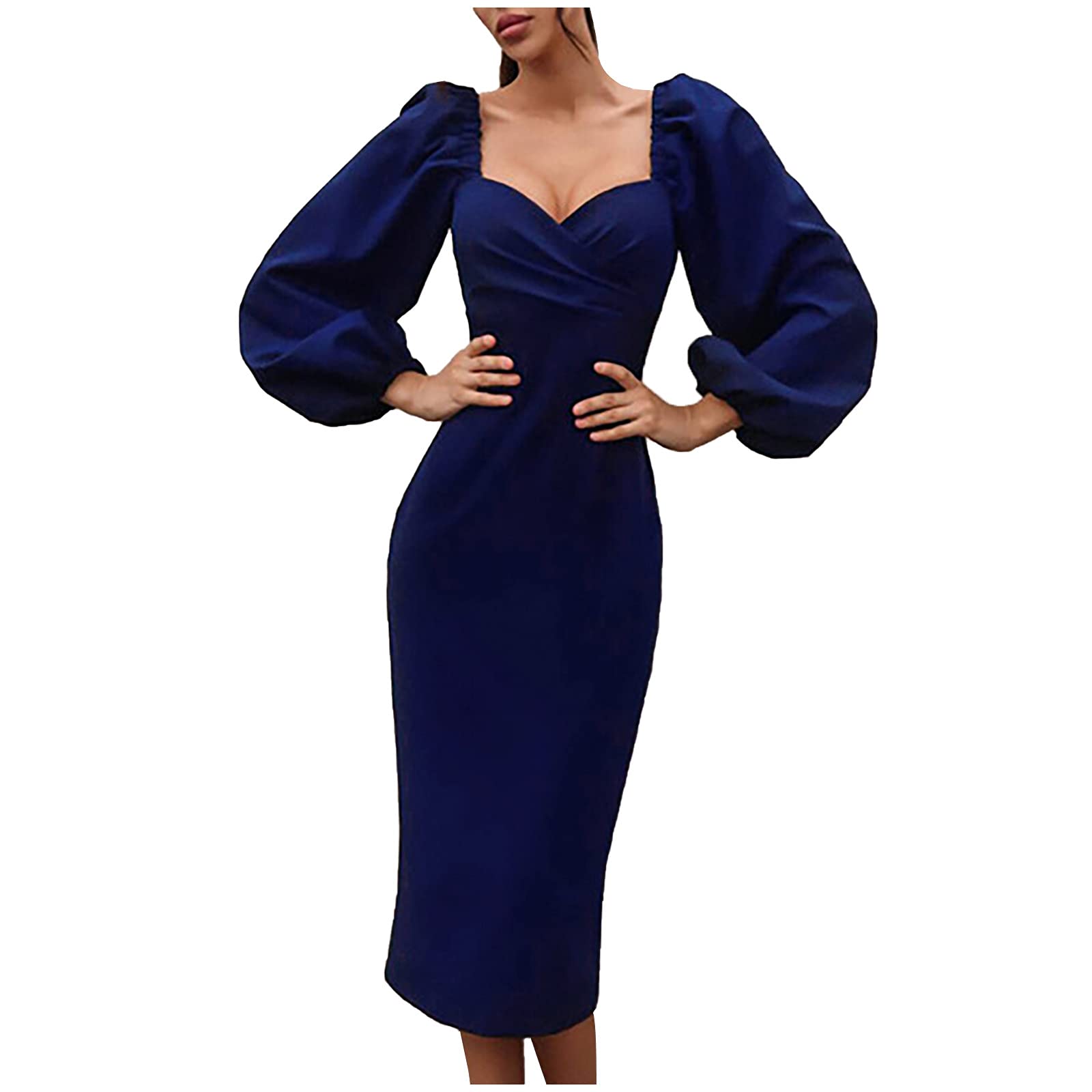 Elegant Retro Puff Sleeve V-Neck Cocktail Dress for Women - Formal Bodycon Party Pencil Dress for Evening Events, Weddings & Special Occasions