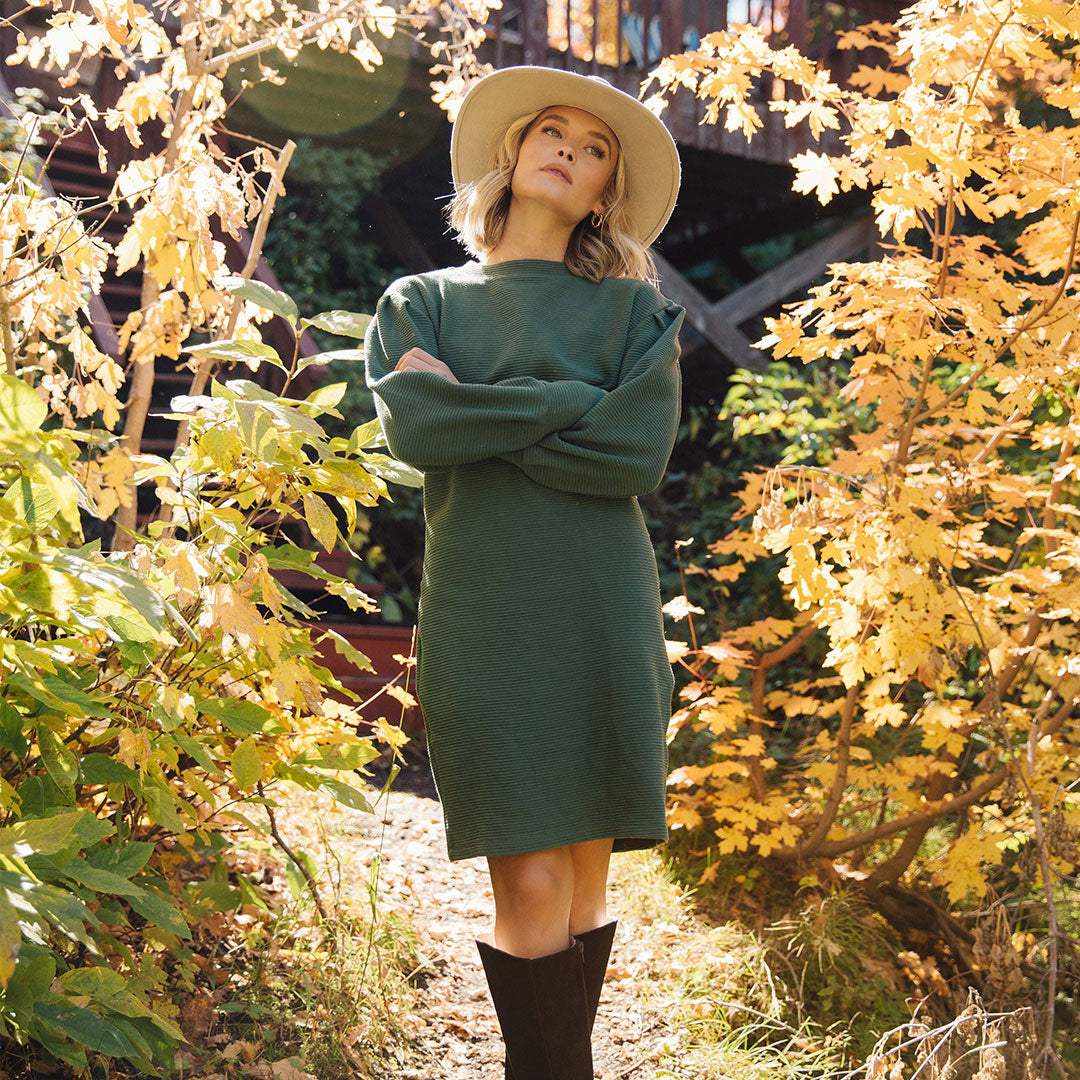 Atlas Ribbed Sweater Dress for Women - Soft Emerald Green Knit Turtleneck Midi Dress - Perfect for Fall Winter, Office Wear & Casual Outings
