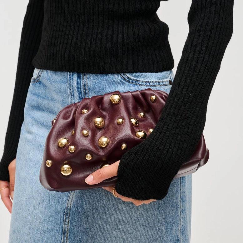 Stylish Carey Studded Clutch Purse for Women - Elegant Wine Red Evening Bag - Perfect for Parties, Weddings & Special Occasions
