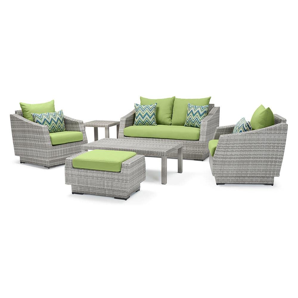 RST Brands Cannes 6-Piece Outdoor Patio Furniture Set - Sunbrella Fabric Loveseat & Club Chairs with Side Tables, Adjustable Feet & Fade-Resistant Cushions - Resin Wicker Conversation Set in Ginkgo Green for Backyard, Garden or Poolside Relaxation
