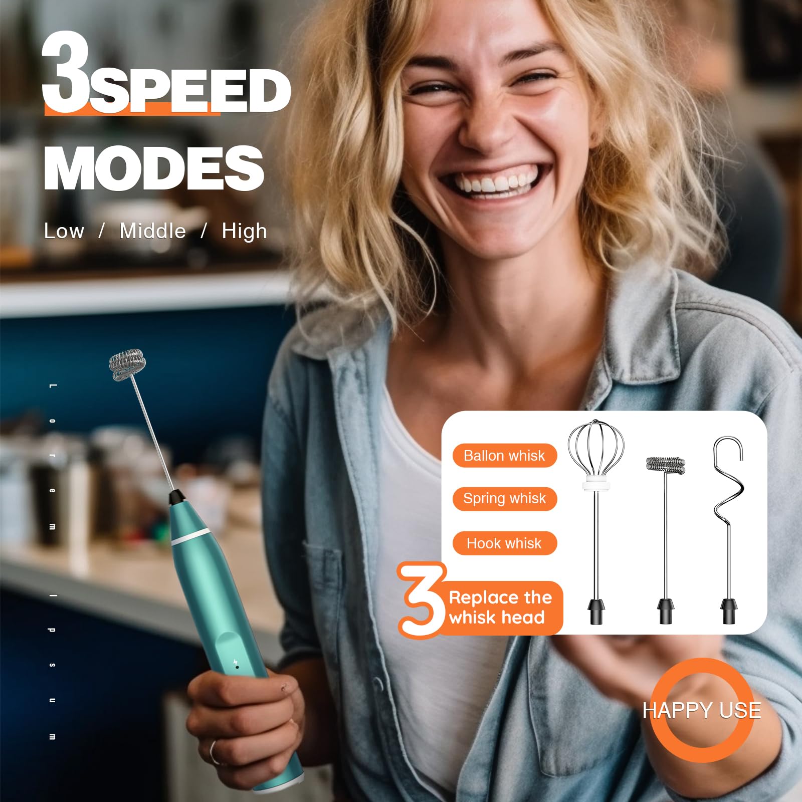 Rechargeable Handheld Electric Milk Frother with 3 Stainless Steel Whisk Attachments - 3-Speed Adjustable Foam Maker for Coffee, Matcha, Latte, Cappuccino & Hot Chocolate - Perfect for Home, Office & Cafe Use (Green)