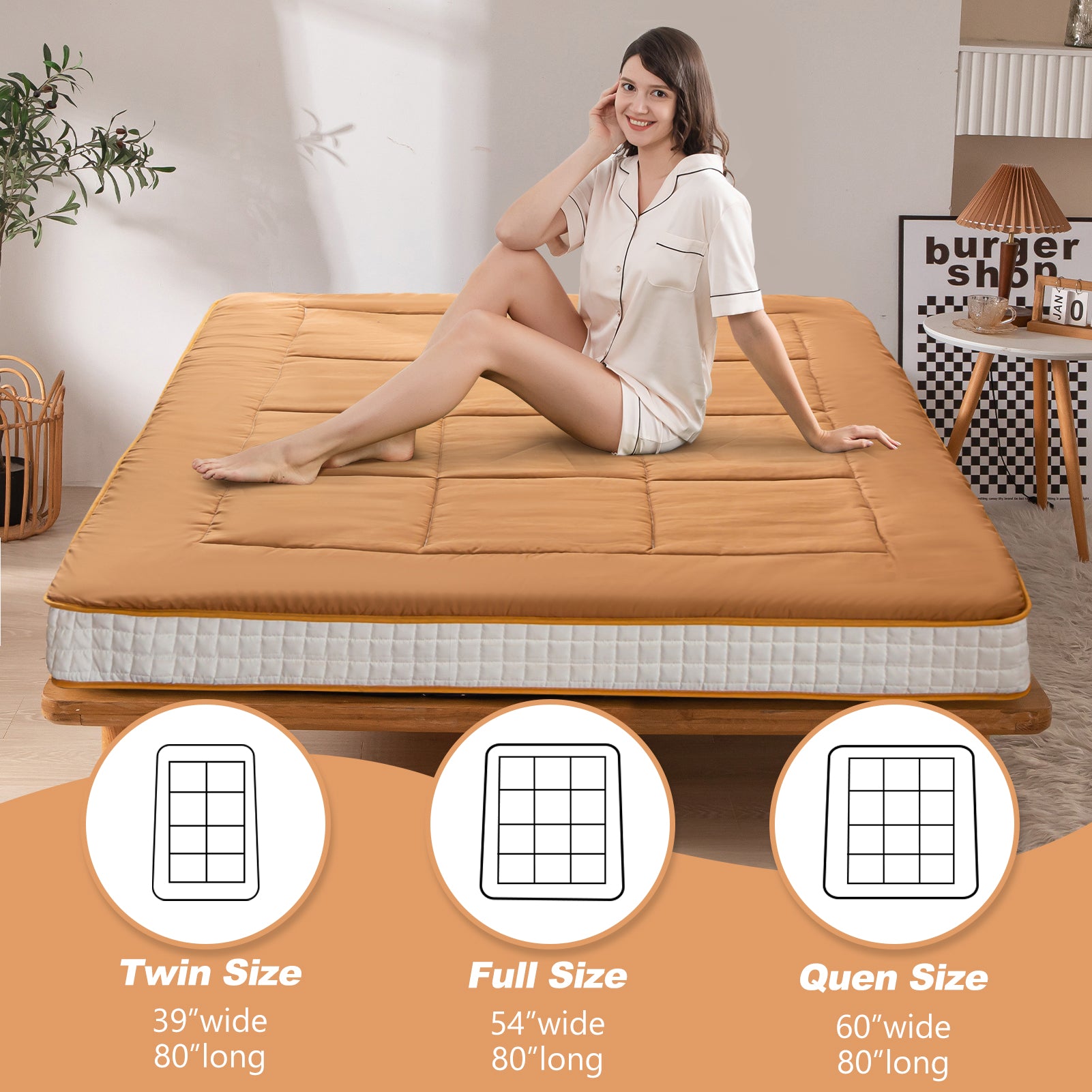 MAXYOYO 6-Inch Extra Thick Floor Futon Mattress - Light Brown | Foldable Guest Bed & Floor Cushion for Small Spaces, Dorm Rooms & Camping