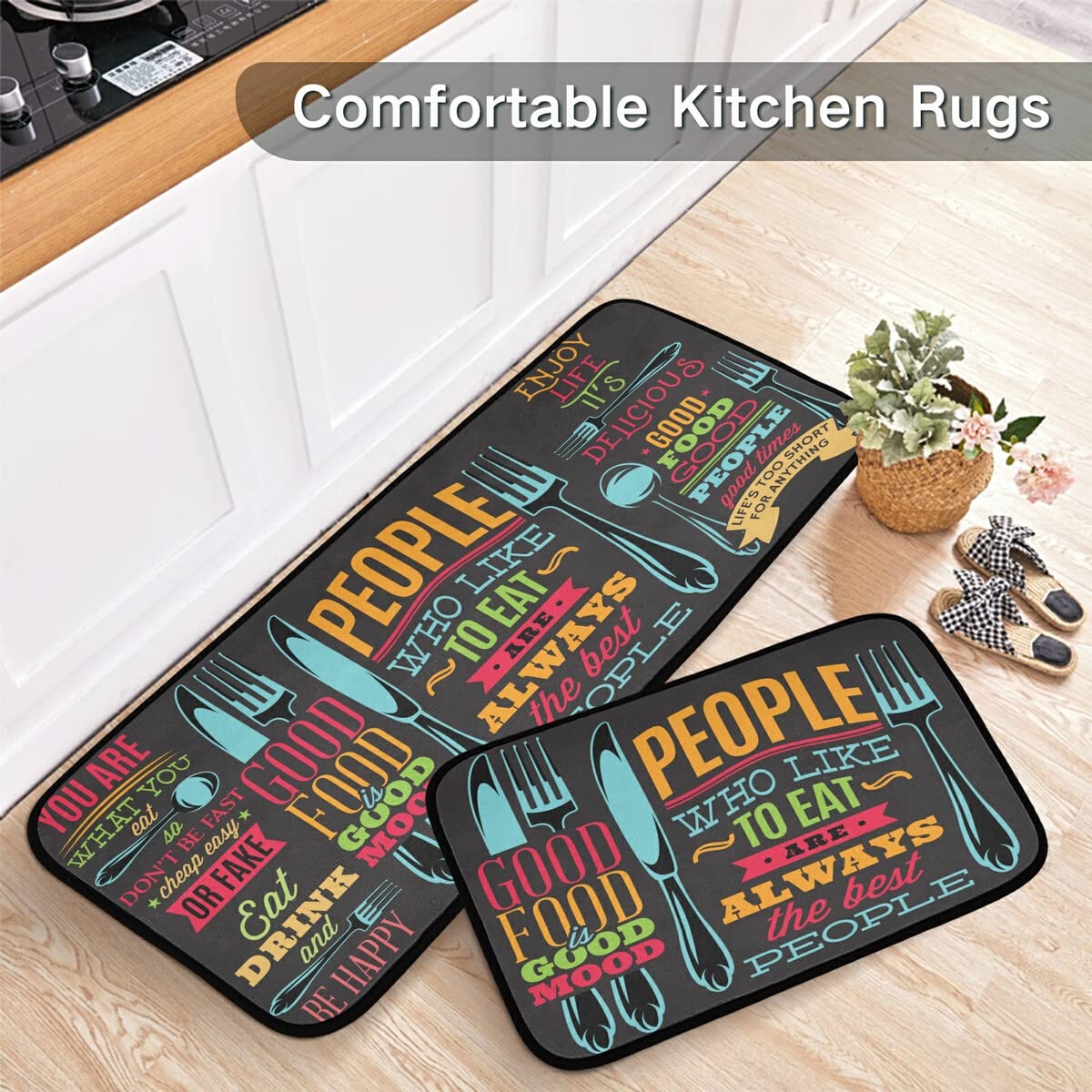 Premium Non-Slip Kitchen Rugs Set of 2 - Washable Black Floor Mats for Kitchen, Sink Area, Laundry & Office - Anti-Fatigue Comfort for Standing Work
