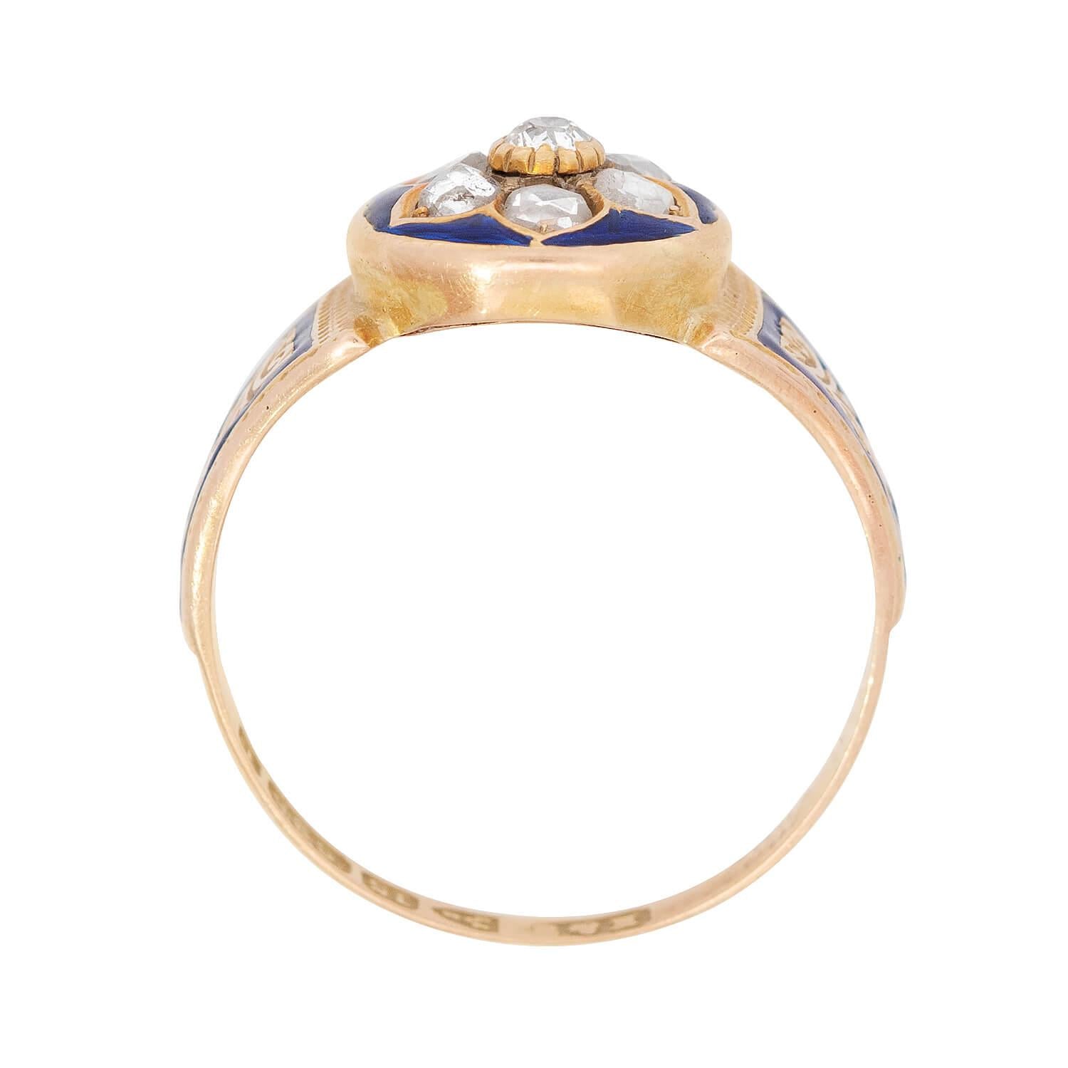 Victorian 15k Gold Diamond & Enamel Floral Ring - Antique Jewelry for Weddings, Engagement & Special Occasions