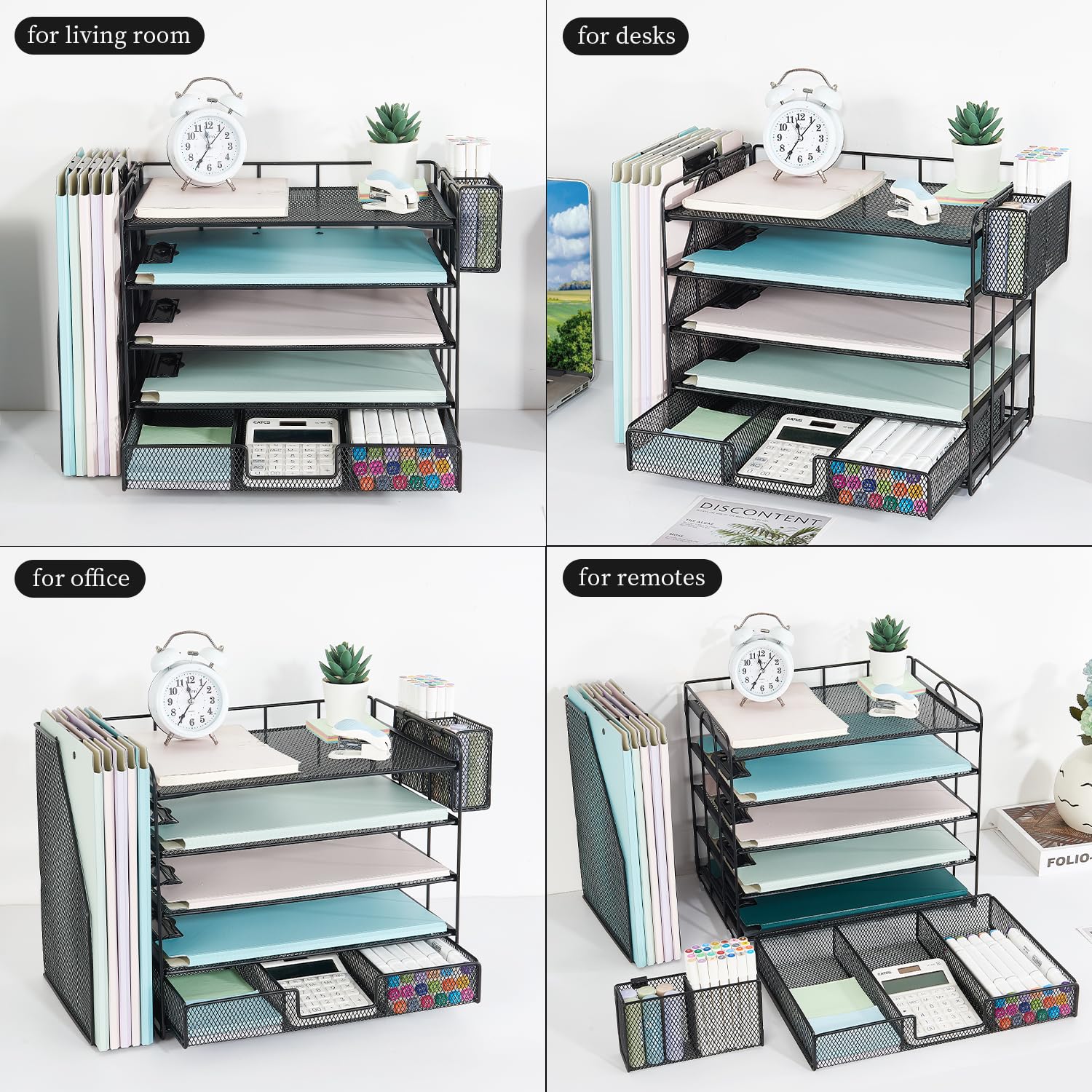 Youbetia 5-Tier Mesh Paper Tray Organizer with File Holder & Pen Storage - Black Desk Organizer for Office Supplies, Workspace Accessories | Perfect for Home Office, School Desk & Workplace Organization