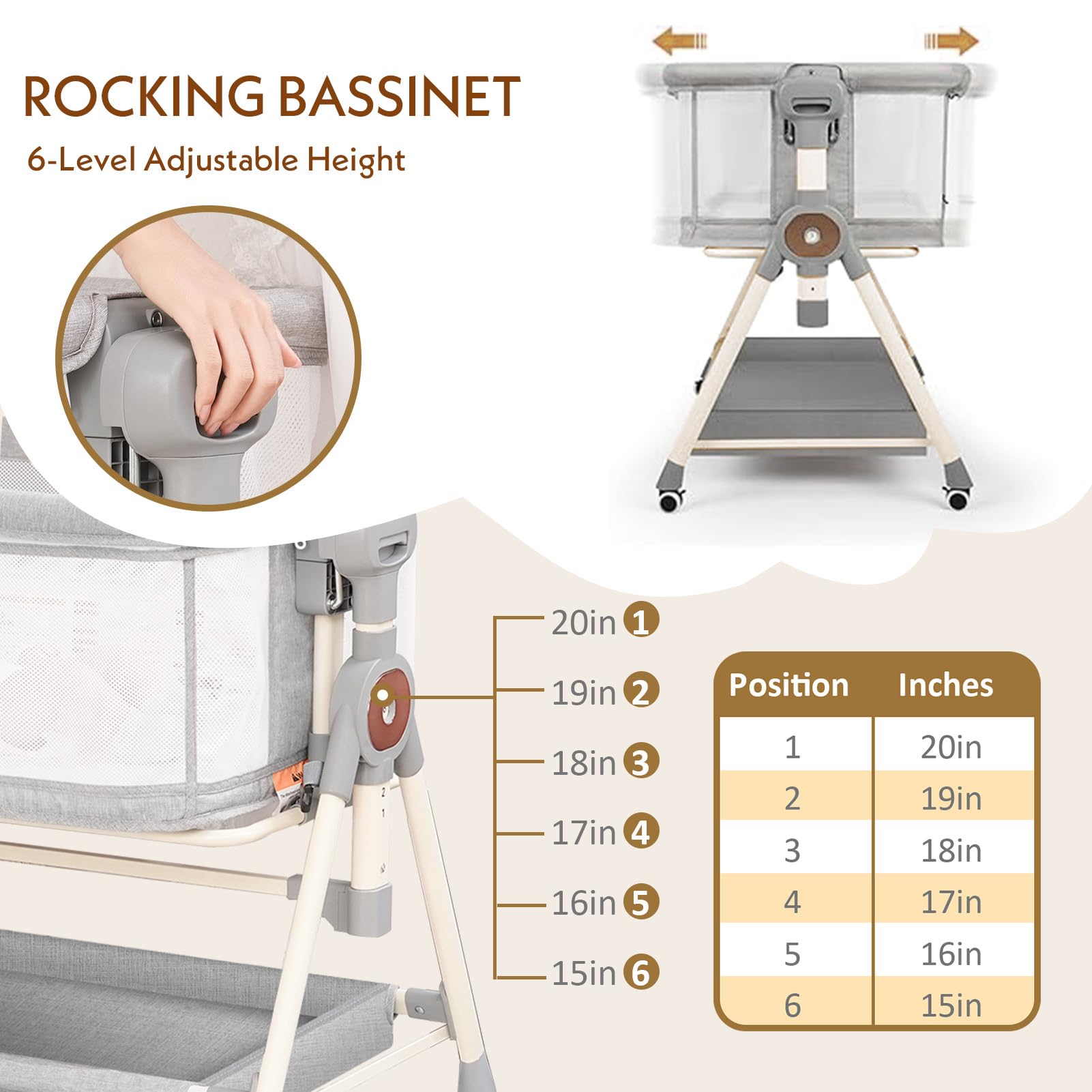 Portable Baby Bassinet with Waterproof Sheet - 3-in-1 Rocking Crib & Adjustable Bedside Sleeper for Newborns (6 Height Settings, Grey) - Perfect for Nursery, Bedroom & Travel Use