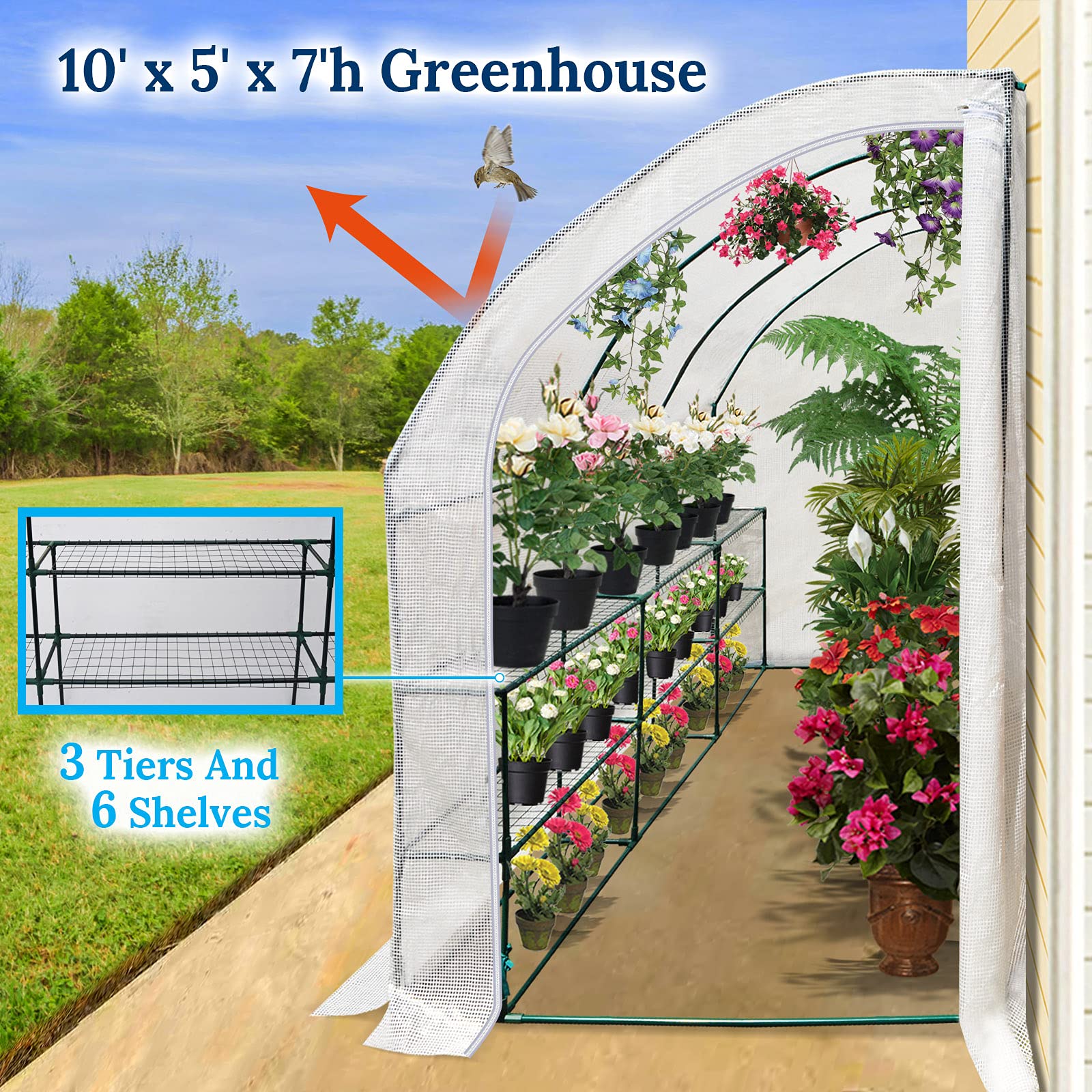 BenefitUSA 10x5x7ft Walk-in Greenhouse - Large Portable Outdoor Garden Hot House with 3 Tiers & 6 Shelves, Waterproof White Structure for Plants, Flowers & Vegetables | Perfect for Backyard Gardening, Urban Farming & Seasonal Plant Protection