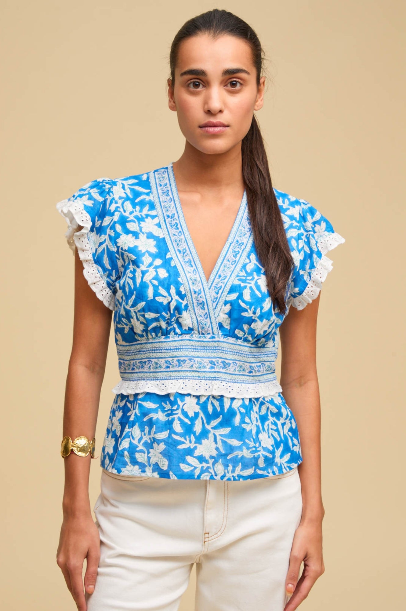 Pippa Block Print Top | Japanese Flower Cobalt Blue Women's Blouse | Perfect for Casual Wear, Summer Outfits & Boho Fashion