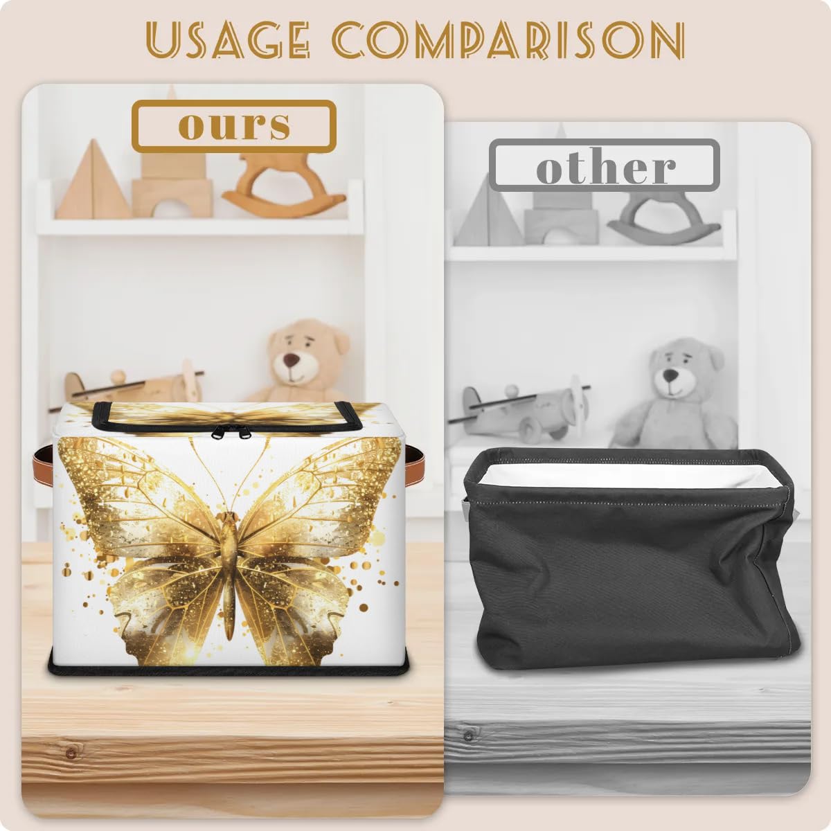 Gold Butterfly Storage Boxes with Sturdy Handles & Zipper Lid - 2 Pack Organizer Bins for Clothing, Toys, and Home Organization | Perfect for Bedroom, Closet, and Kids Room Storage