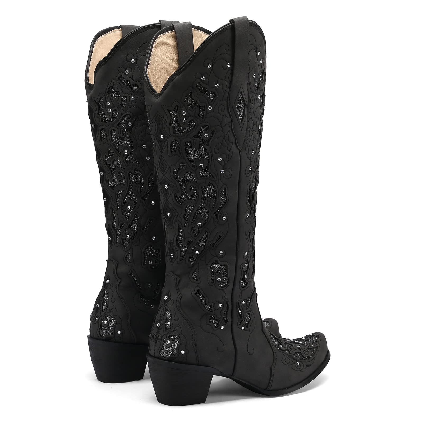 Kluolandi Women's Western Cowboy Boots - Wide Calf Knee High Rhinestone Embroidered Cowgirl Boots with Chunky Heel | Perfect for Country Dancing, Rodeo Events & Western Fashion Outfits