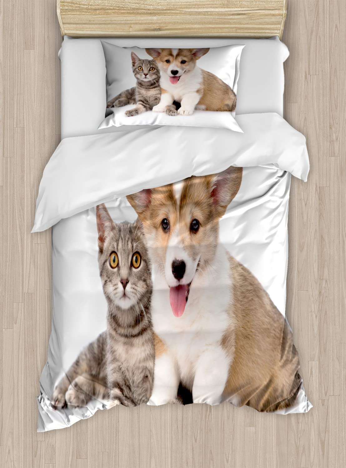 Ambesonne Corgi Dog Duvet Cover Set - 2 Piece Twin Size Bedding Set with Puppy Kitten Photography Print in Warm Taupe Sand Brown - Cozy Home Decor for Pet Lovers Bedroom & Guest Room