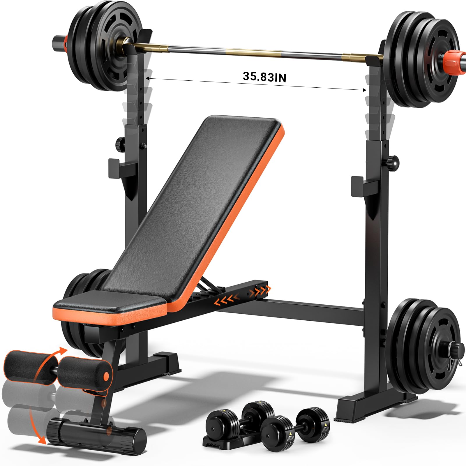 Fostoy 770lbs Weight Bench Set with Squat Rack - 5 in 1 Adjustable Workout Bench Press for Home Gym, Full Body Strength Training with Removable Foot Catch & Flat/Incline Sit Up Bench - Perfect for Strength Training, Muscle Building & Home Workouts