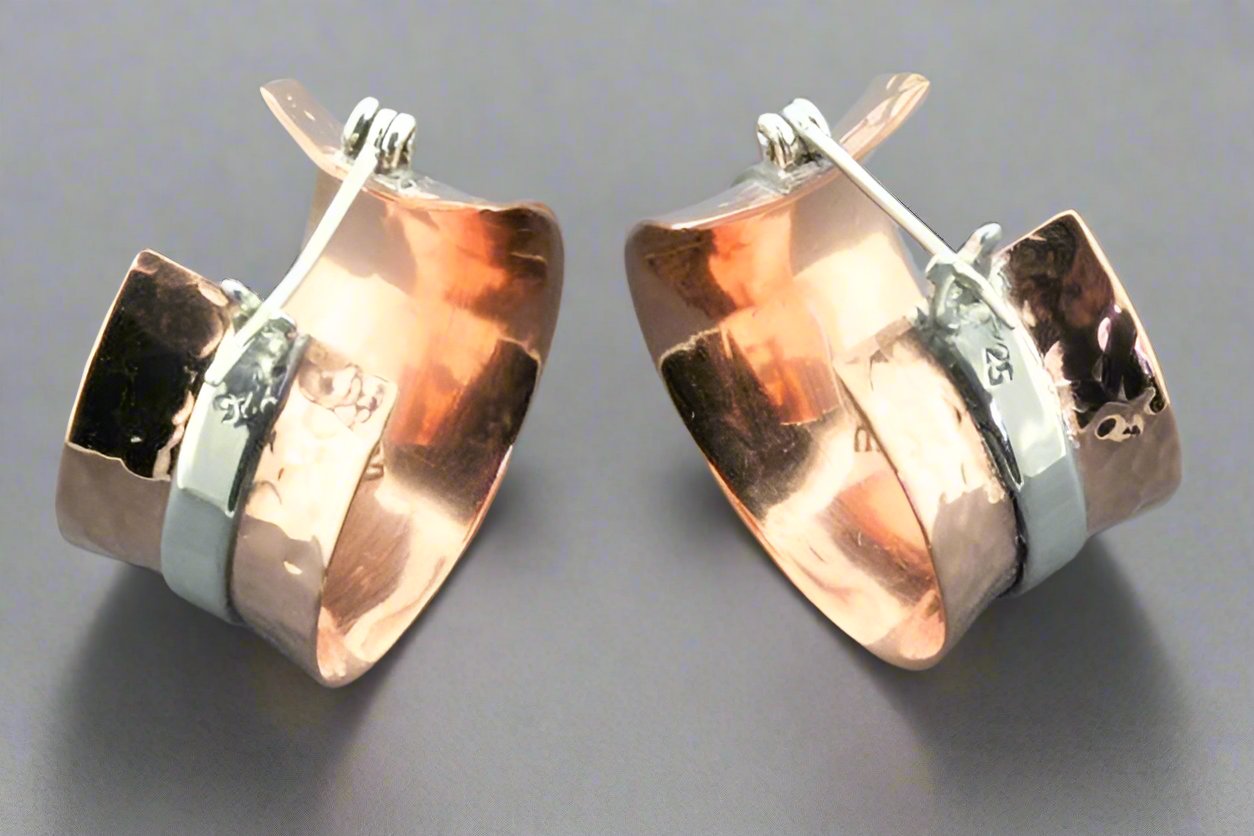 Handmade Concave Copper Hoop Earrings with Silver Band – Perfect for Boho, Vintage & Everyday Fashion