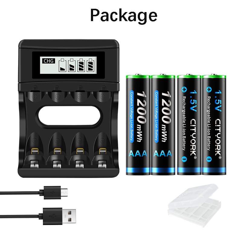 CITYORK 4 Pack 1.5V AAA 1200mWh Lithium Rechargeable Batteries with Fast USB Charger - Perfect for Cameras, Toys, Flashlights & Electronic Devices