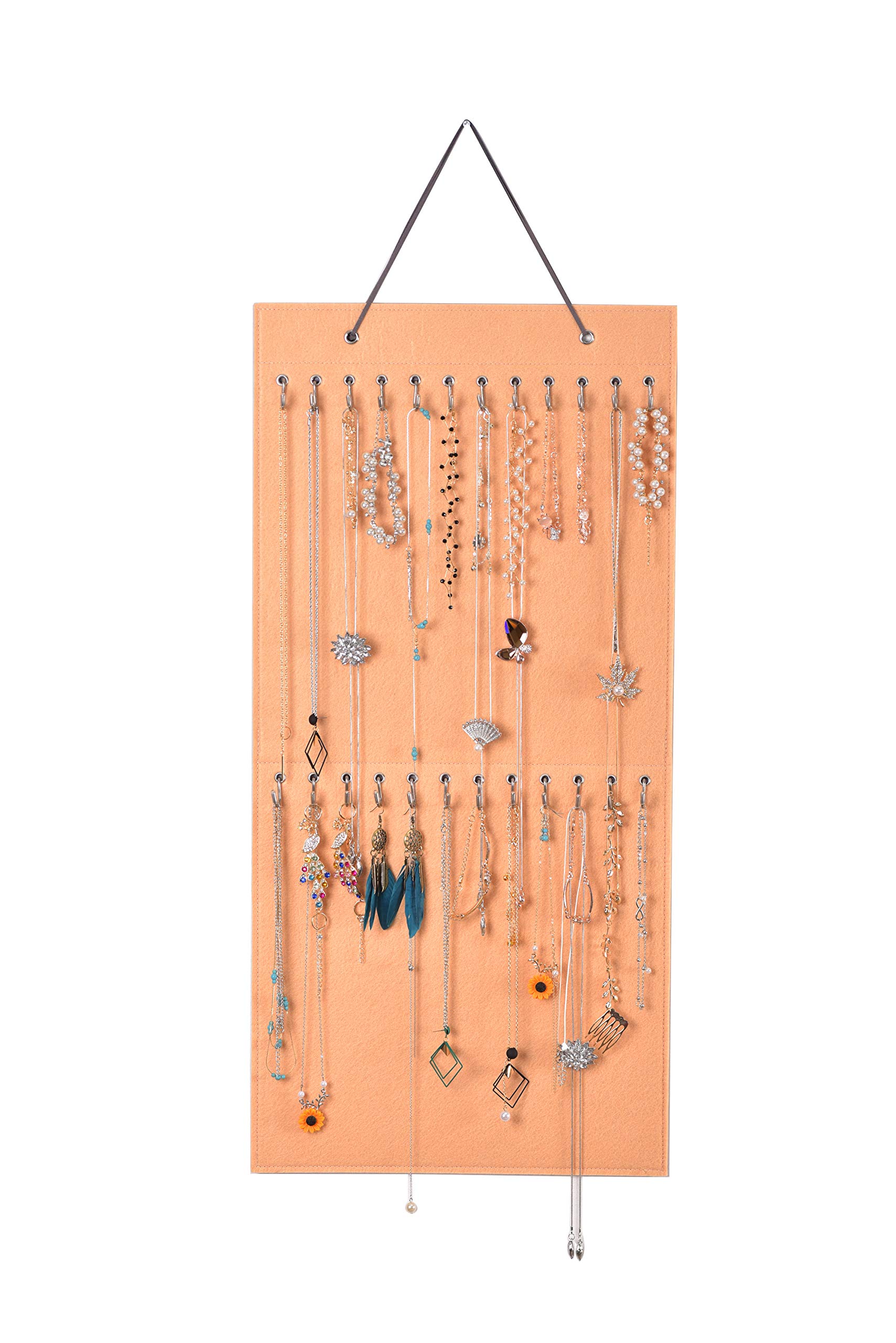 Large Hanging Jewelry Organizer - Beige Necklace & Bracelet Holder for Earrings, Chains & Anklets | Wall-Mounted Jewelry Storage Solution for Bedroom, Closet & Travel