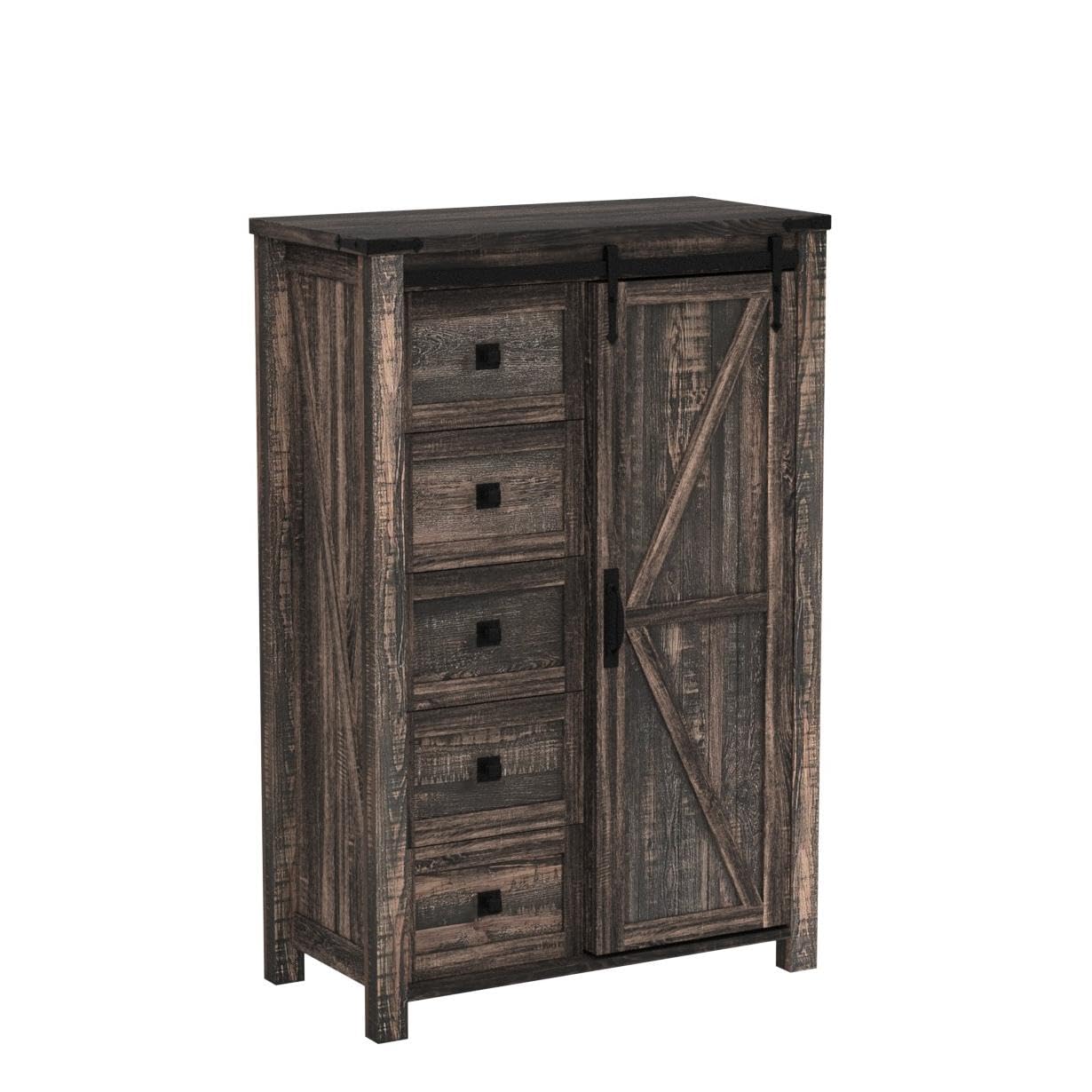 Modern 5-Drawer Dresser with Sliding Barn Door - Farmhouse Tall Chest of Drawers for Bedroom Storage - Rustic Oak Organizer for Hallway, Living Room & Kids Room - Perfect for Small Space Organization & Farmhouse Decor